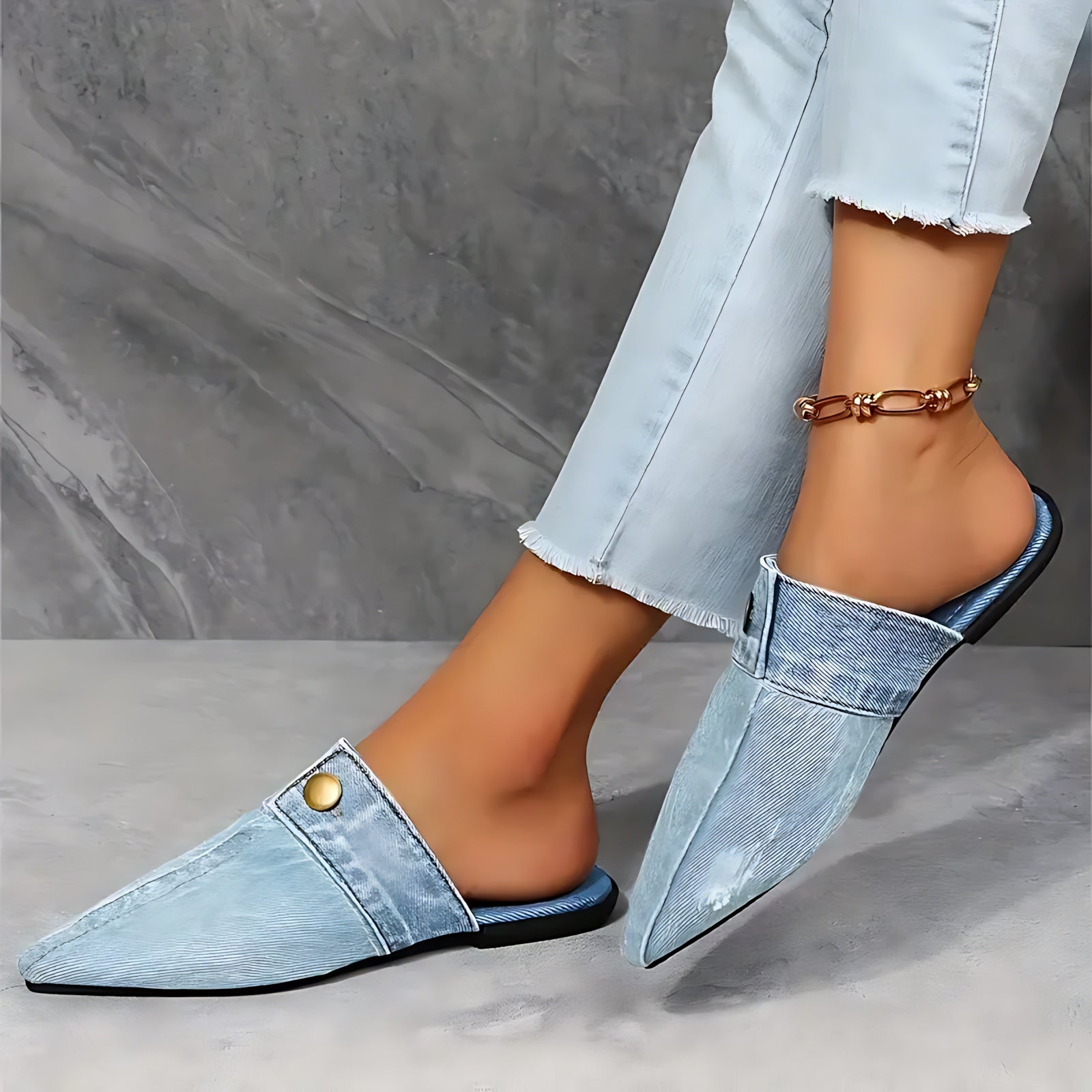 Andrea – Denim Pointed Toe Flat Mules
