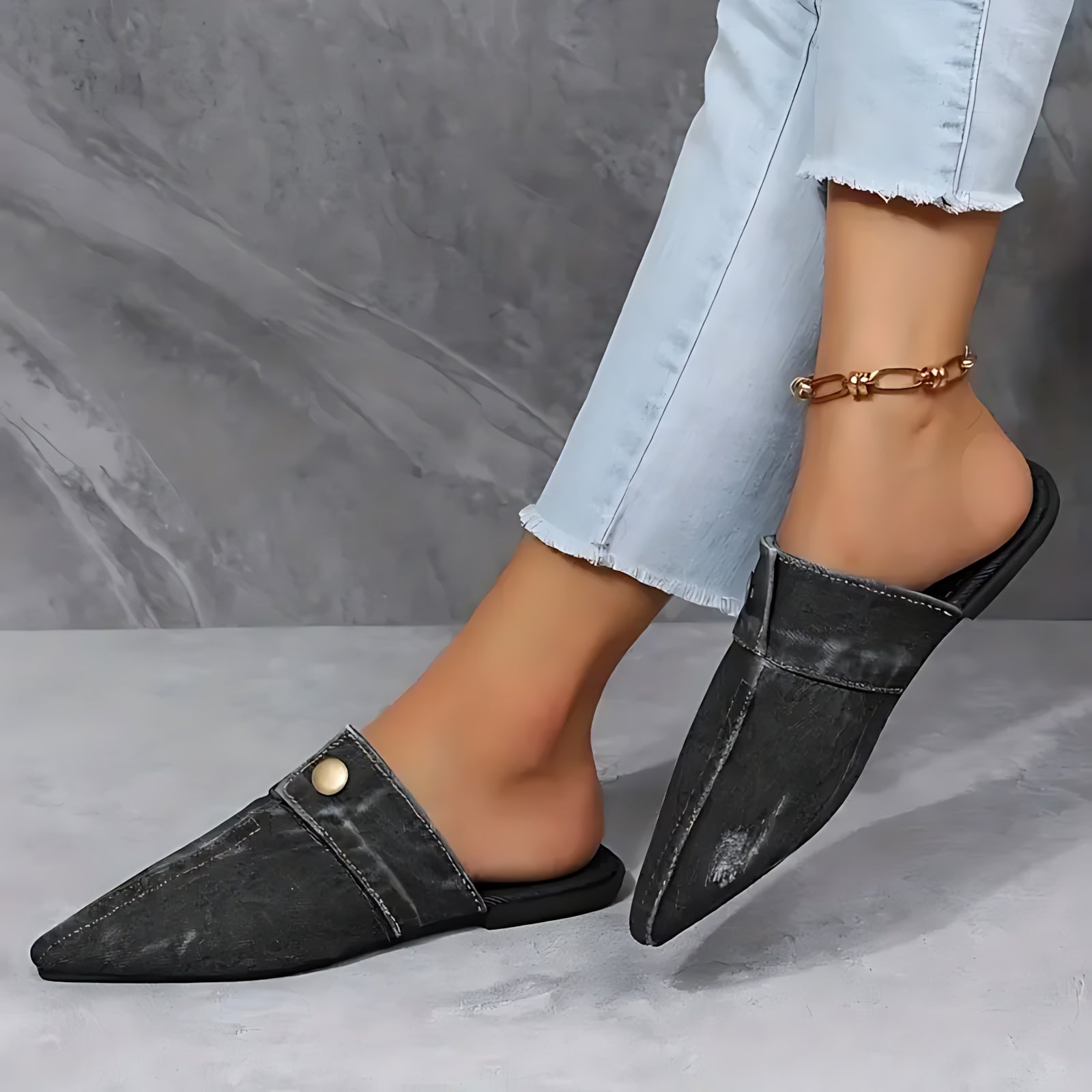 Andrea – Denim Pointed Toe Flat Mules