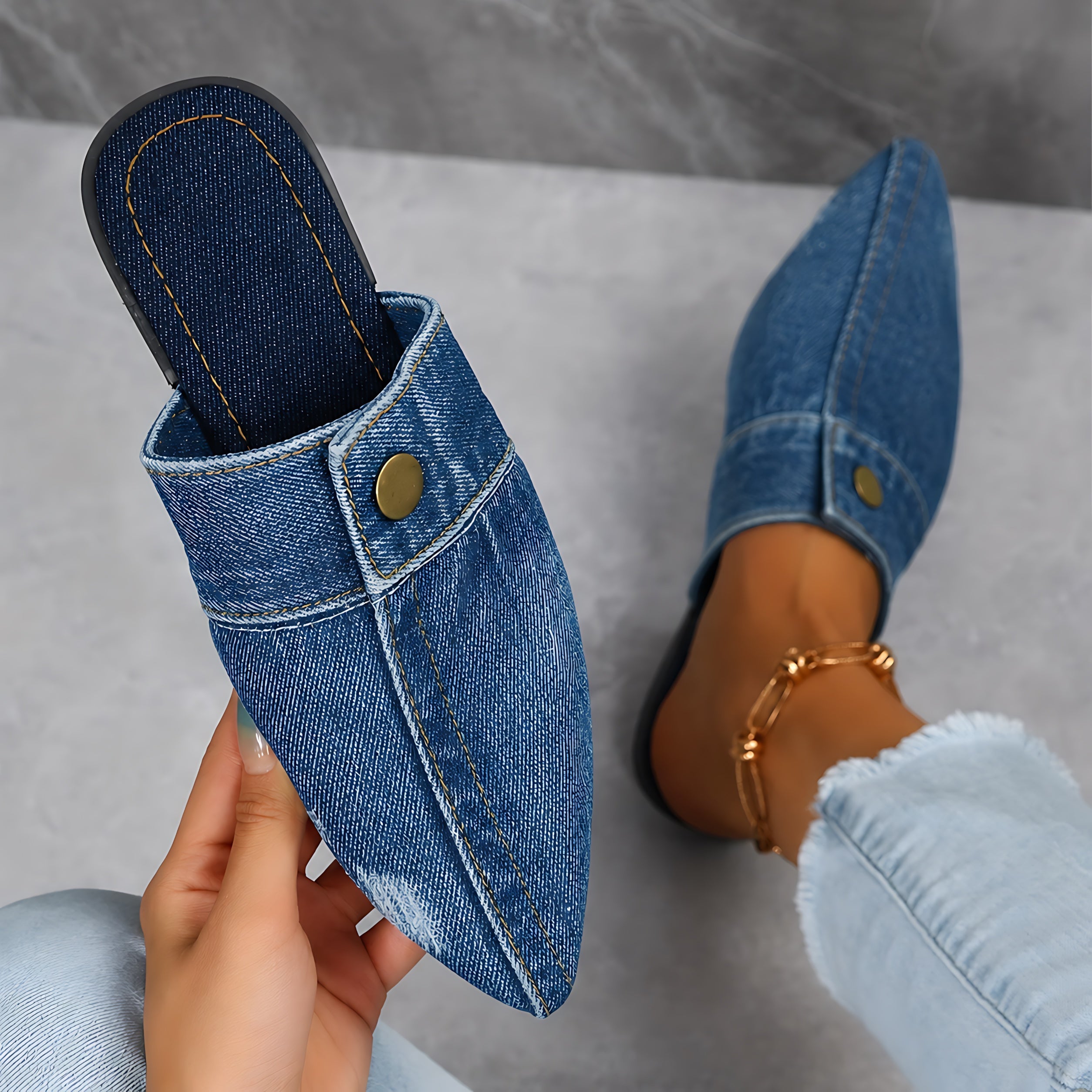 Andrea – Denim Pointed Toe Flat Mules