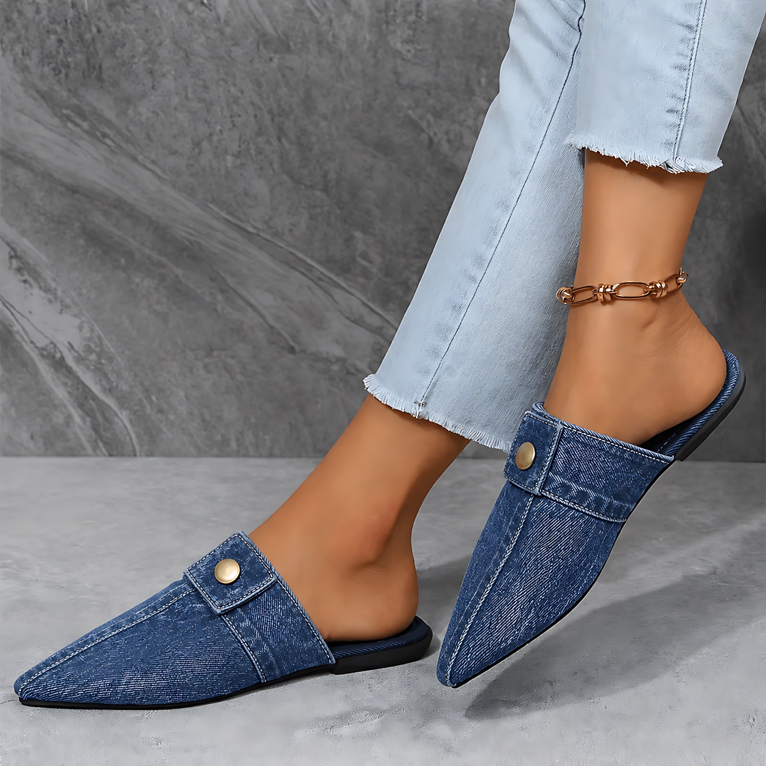 Andrea – Denim Pointed Toe Flat Mules
