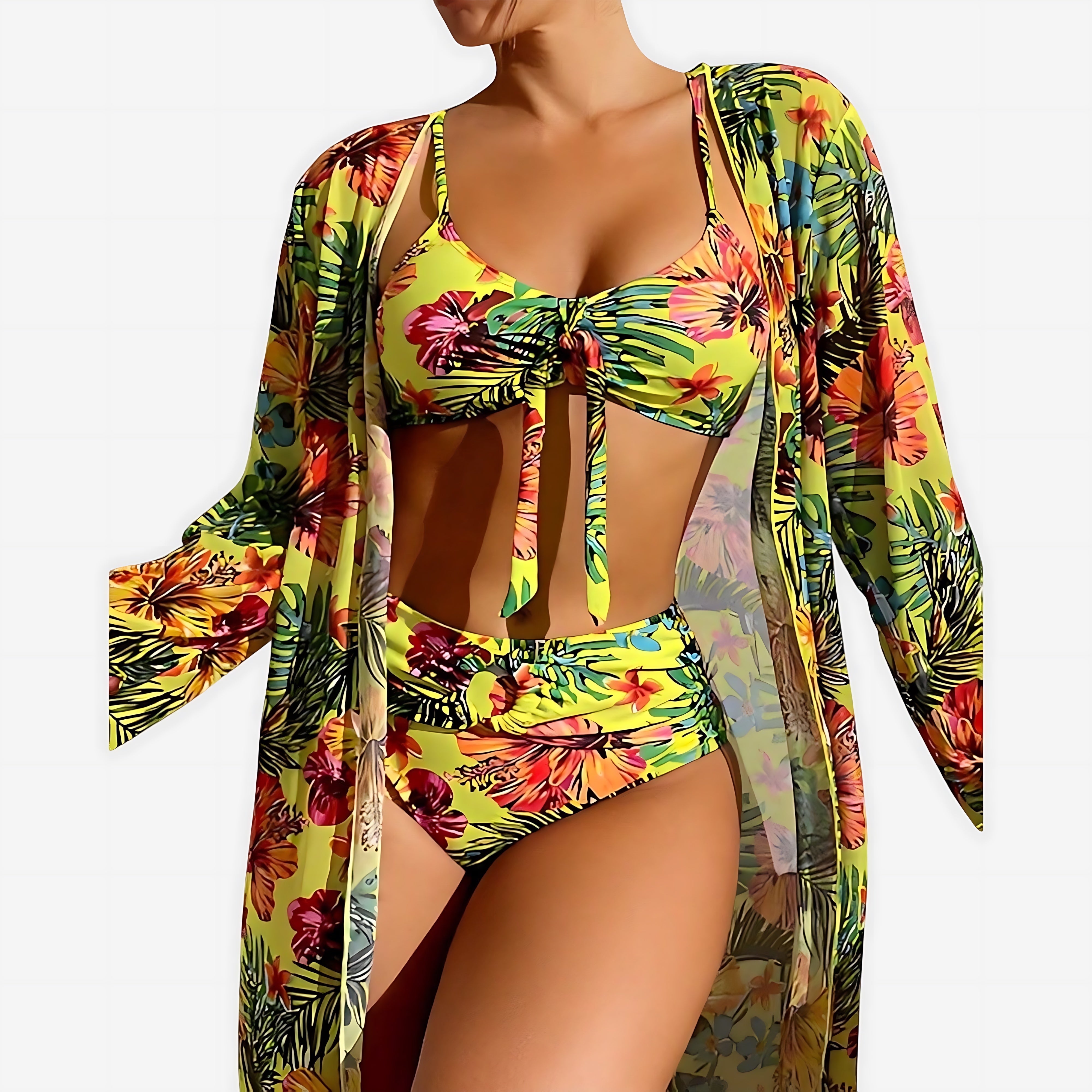 Andrea – Tropical Print Bikini and Kimono Cover Up Set