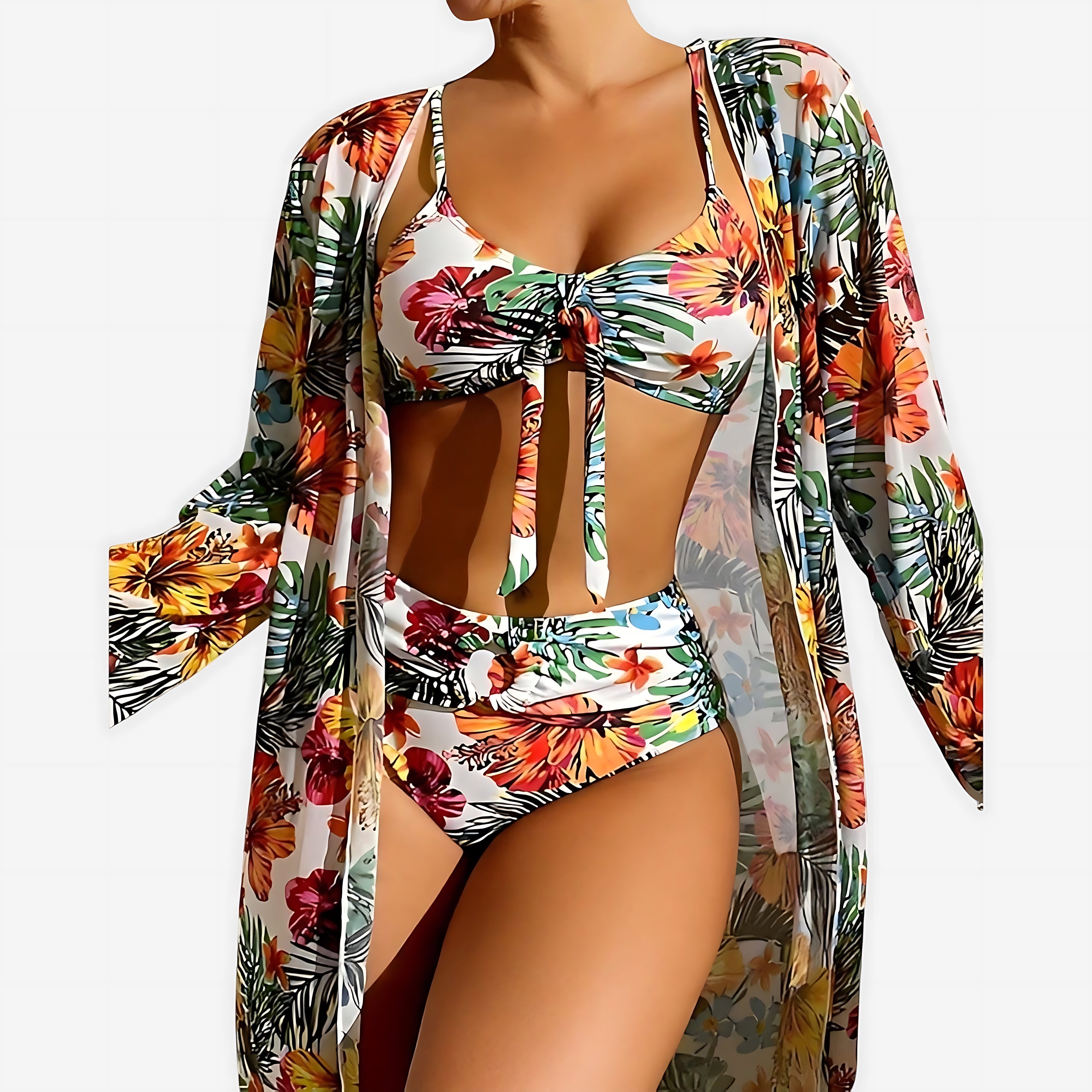 Andrea – Tropical Print Bikini and Kimono Cover Up Set