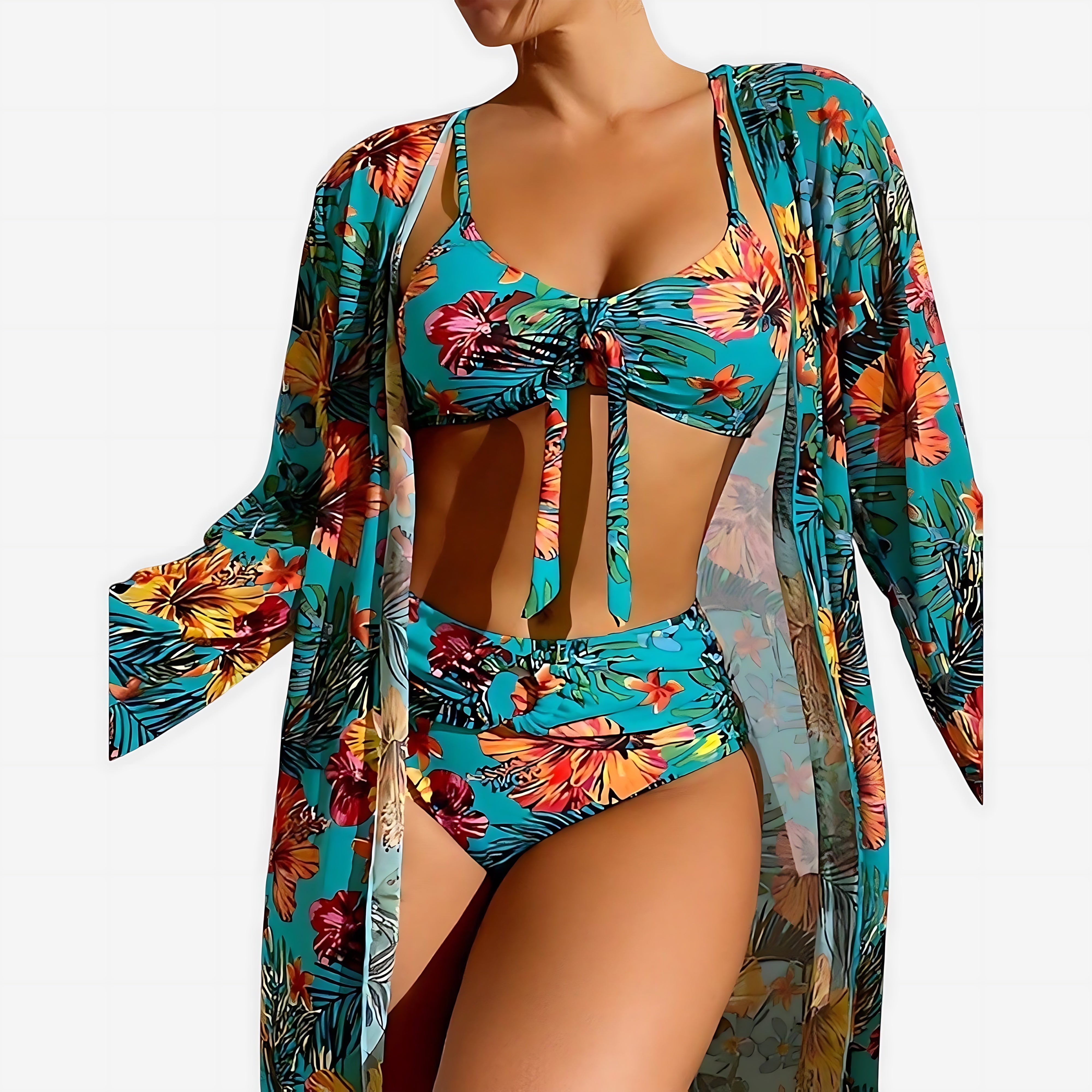 Andrea – Tropical Print Bikini and Kimono Cover Up Set