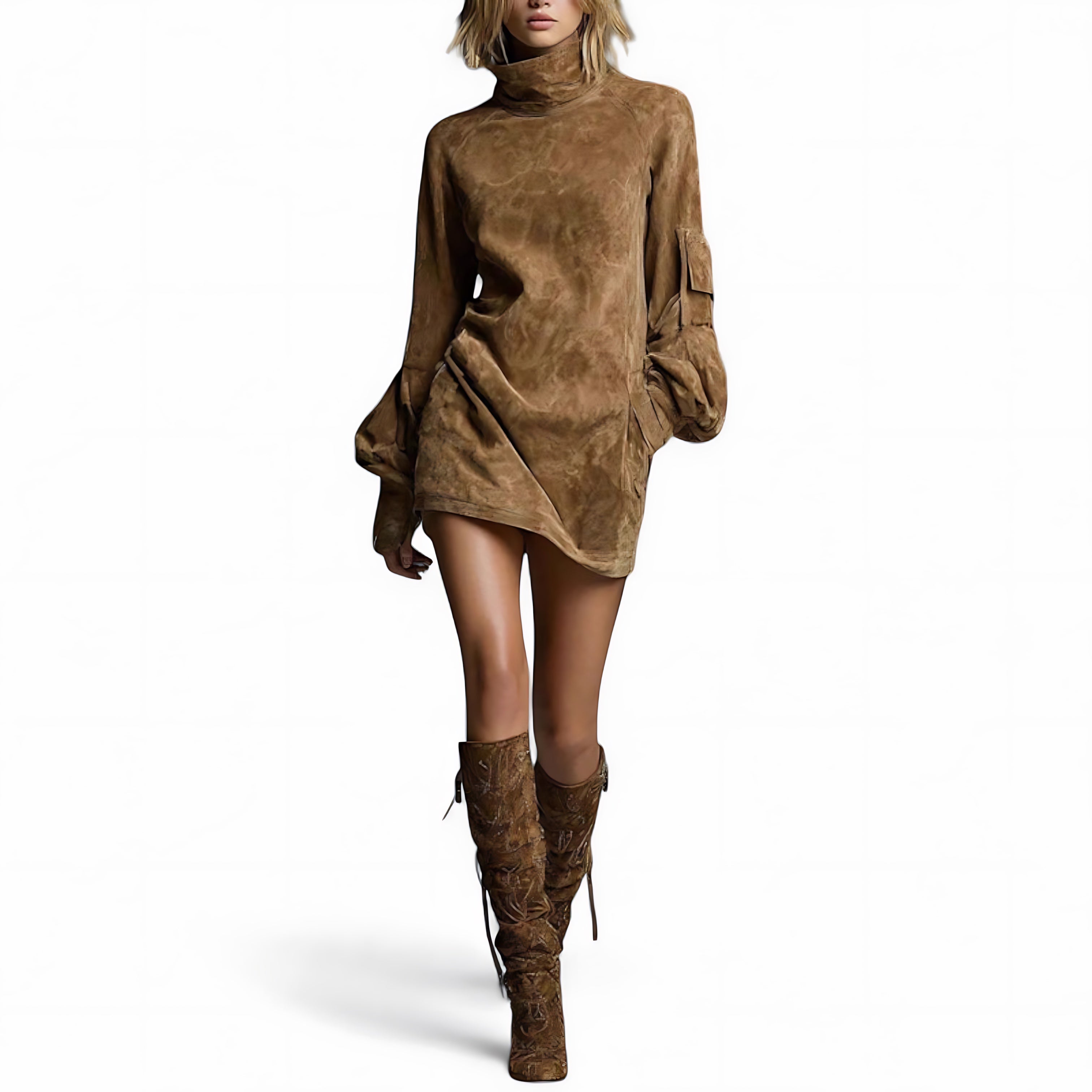 Andrea – Turtleneck Balloon Sleeve Mini Sweater Dress