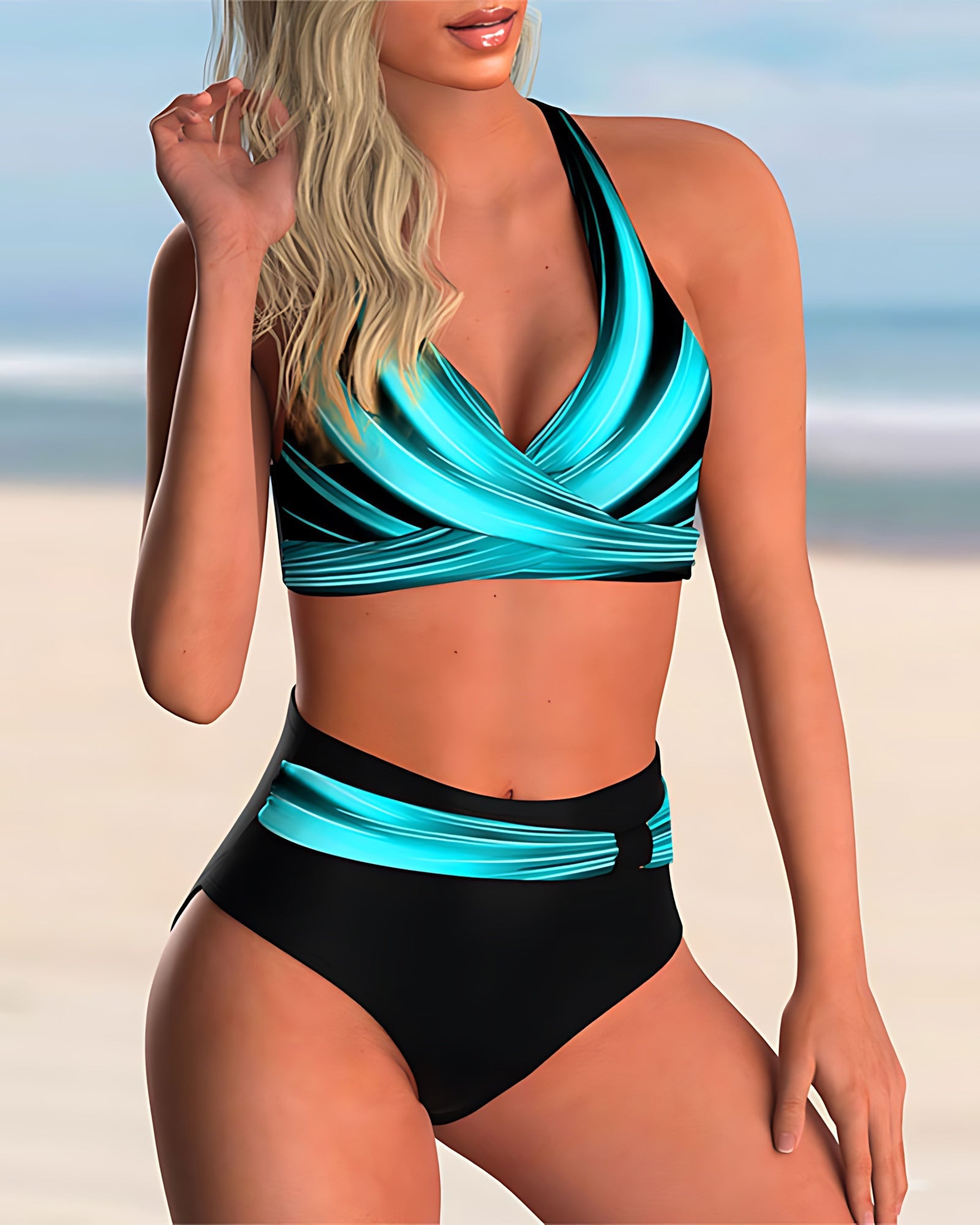 Anna – Colorblock Halter High Waist Bikini Set