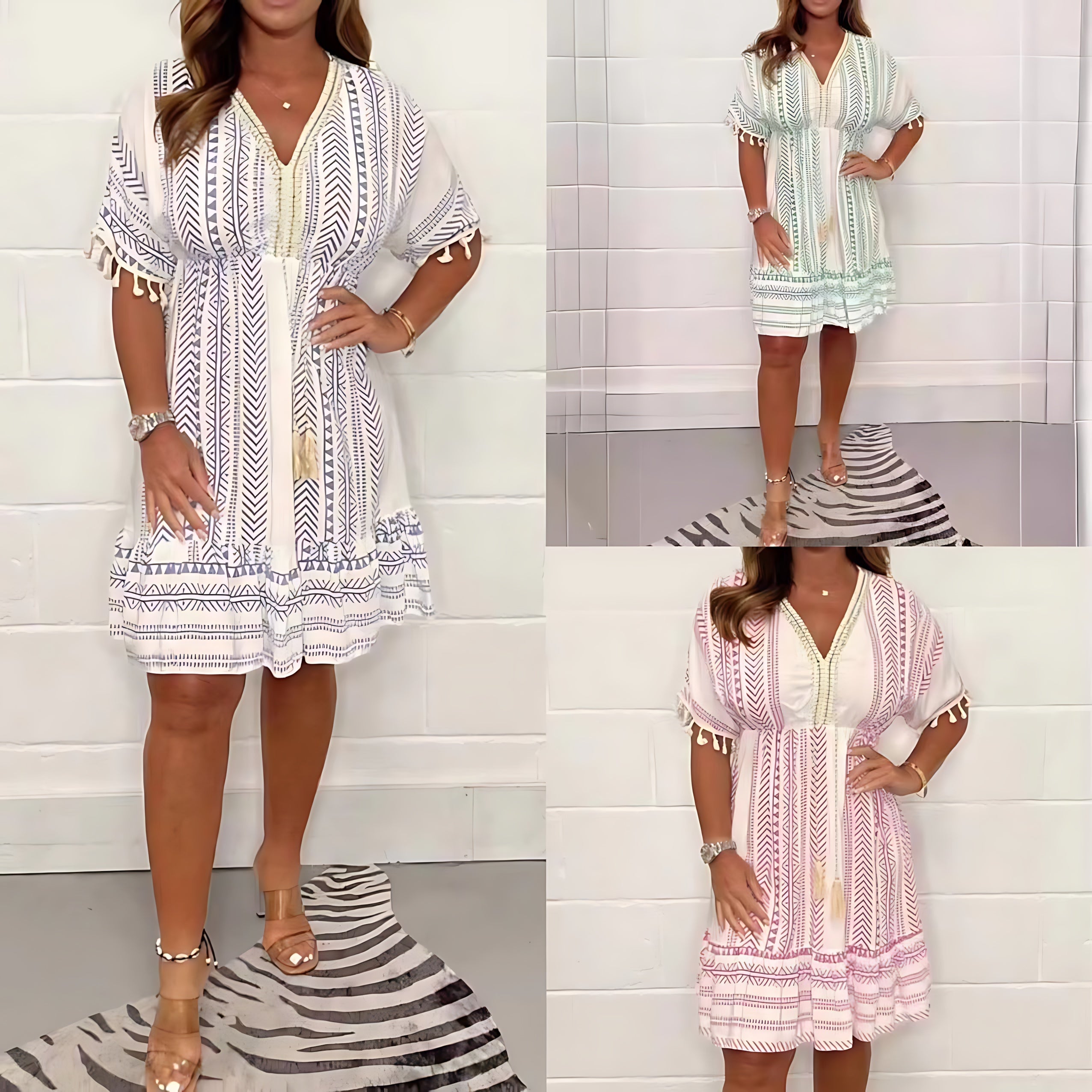 Anna – Striped Boho Print V Neck Mini Dress