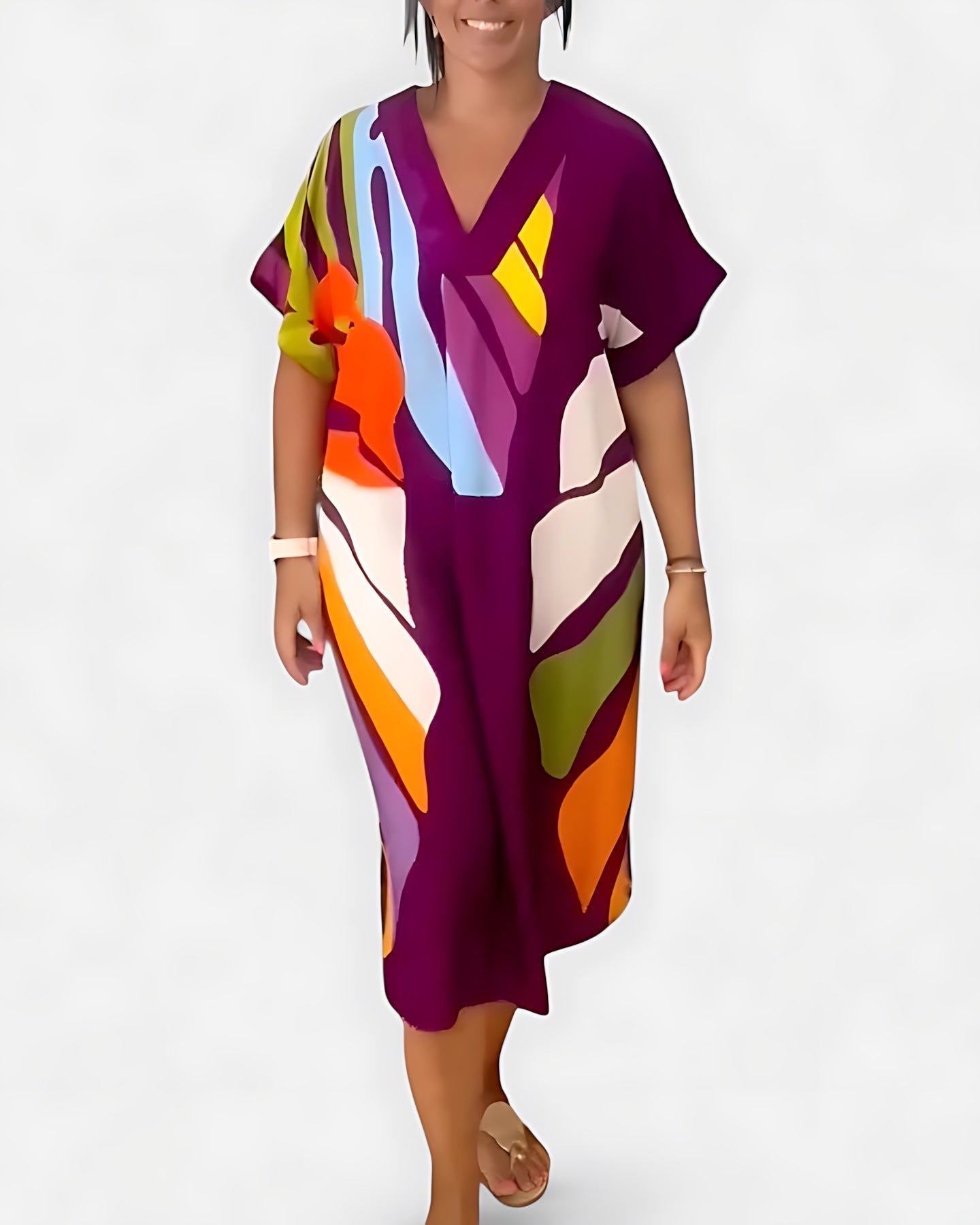 Annie – Abstract Print V Neck Kaftan Midi Dress