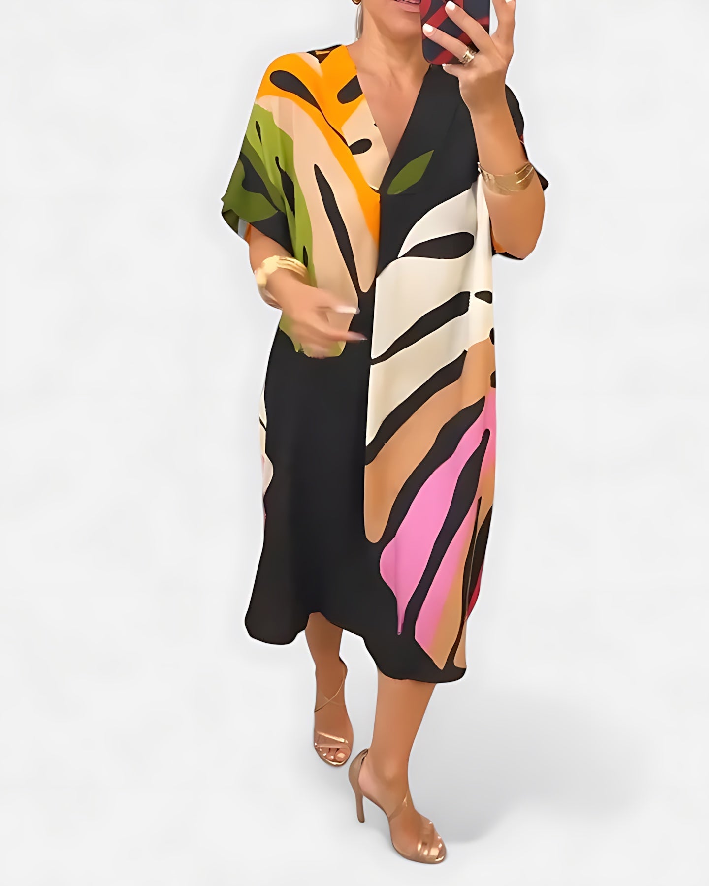 Annie – Abstract Print V Neck Kaftan Midi Dress