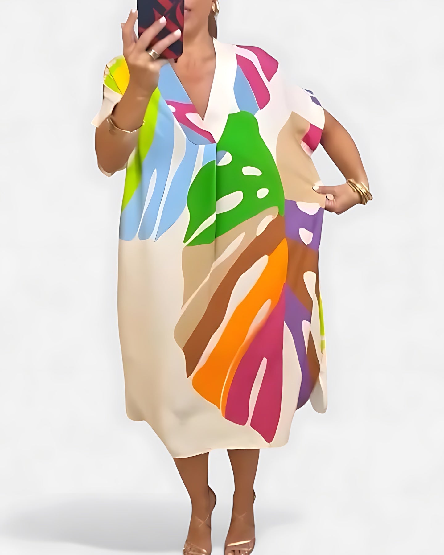 Annie – Abstract Print V Neck Kaftan Midi Dress