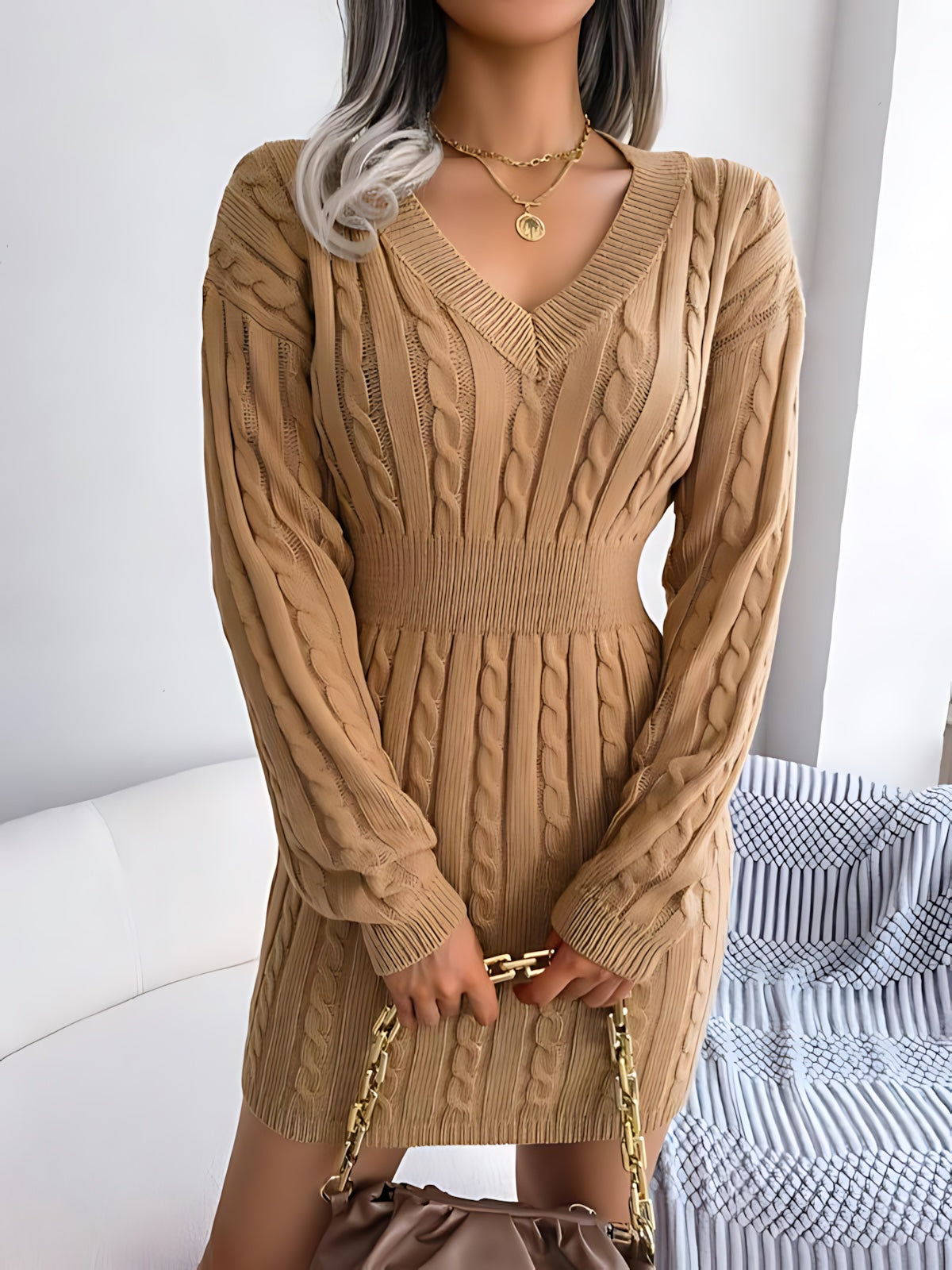 Annie – Cable Knit V Neck Mini Sweater Dress
