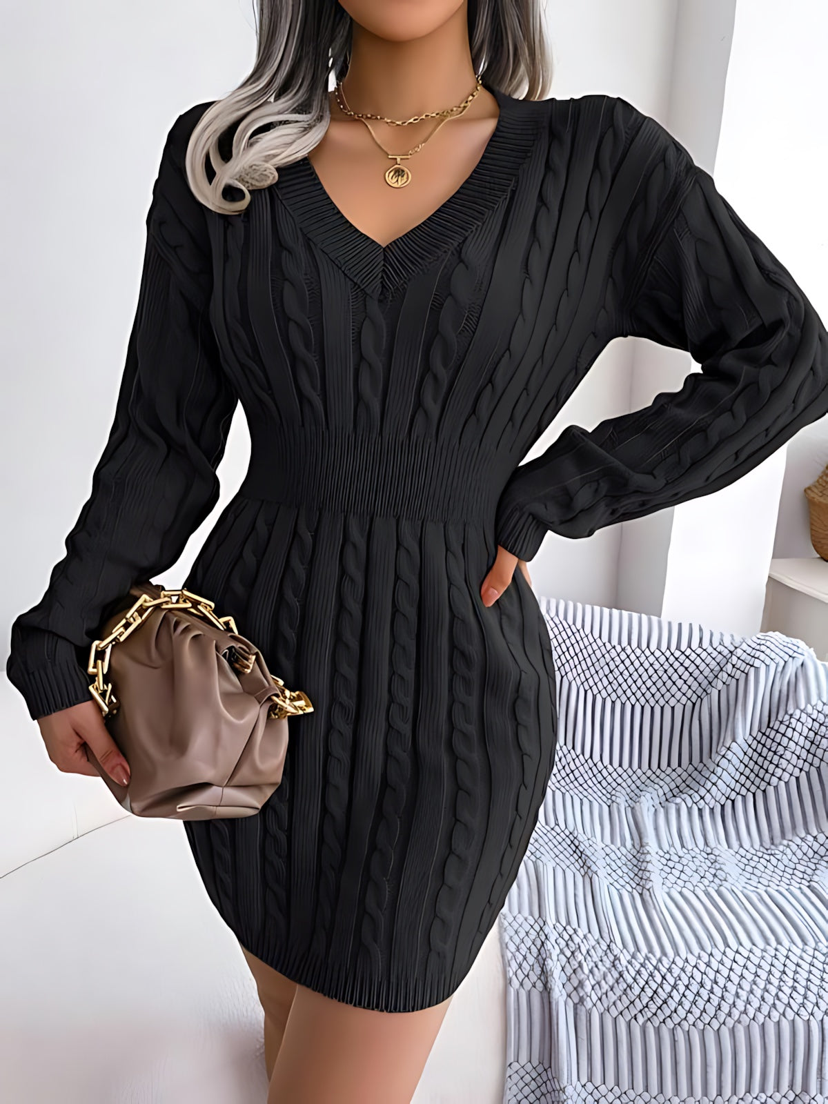Annie – Cable Knit V Neck Mini Sweater Dress