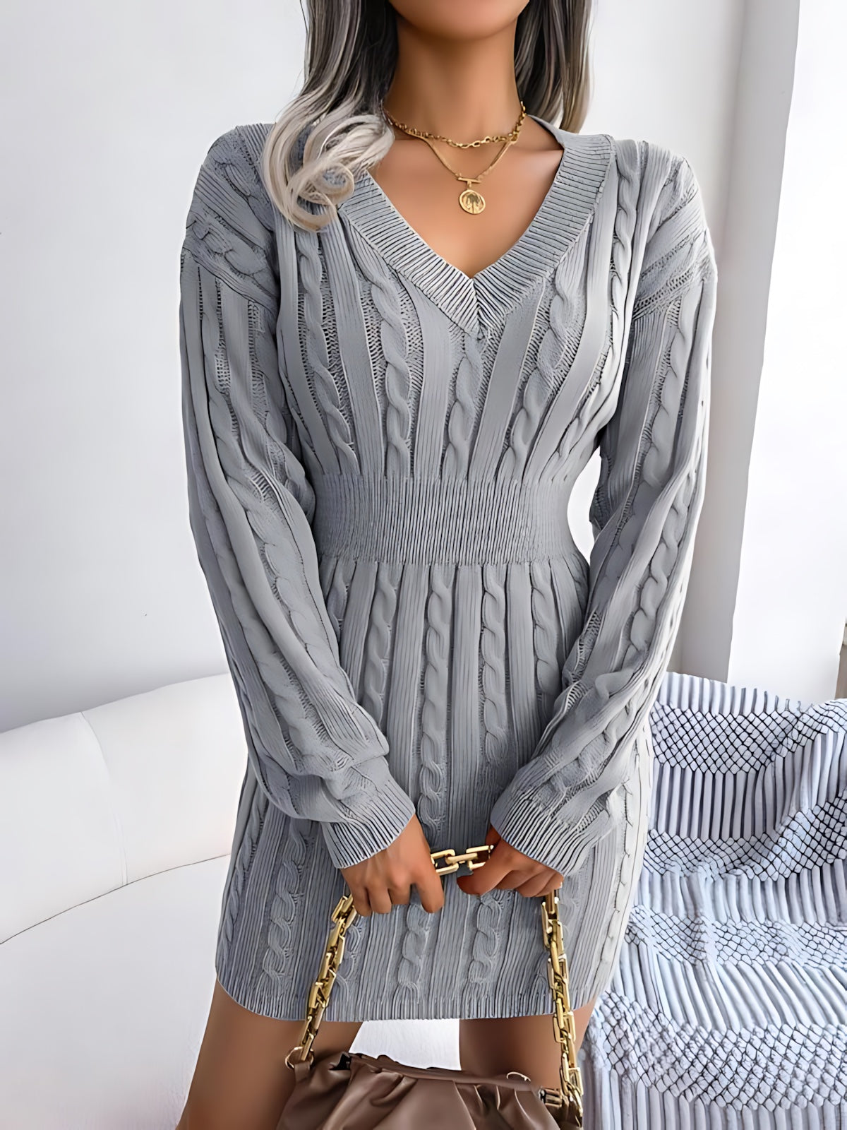 Annie – Cable Knit V Neck Mini Sweater Dress
