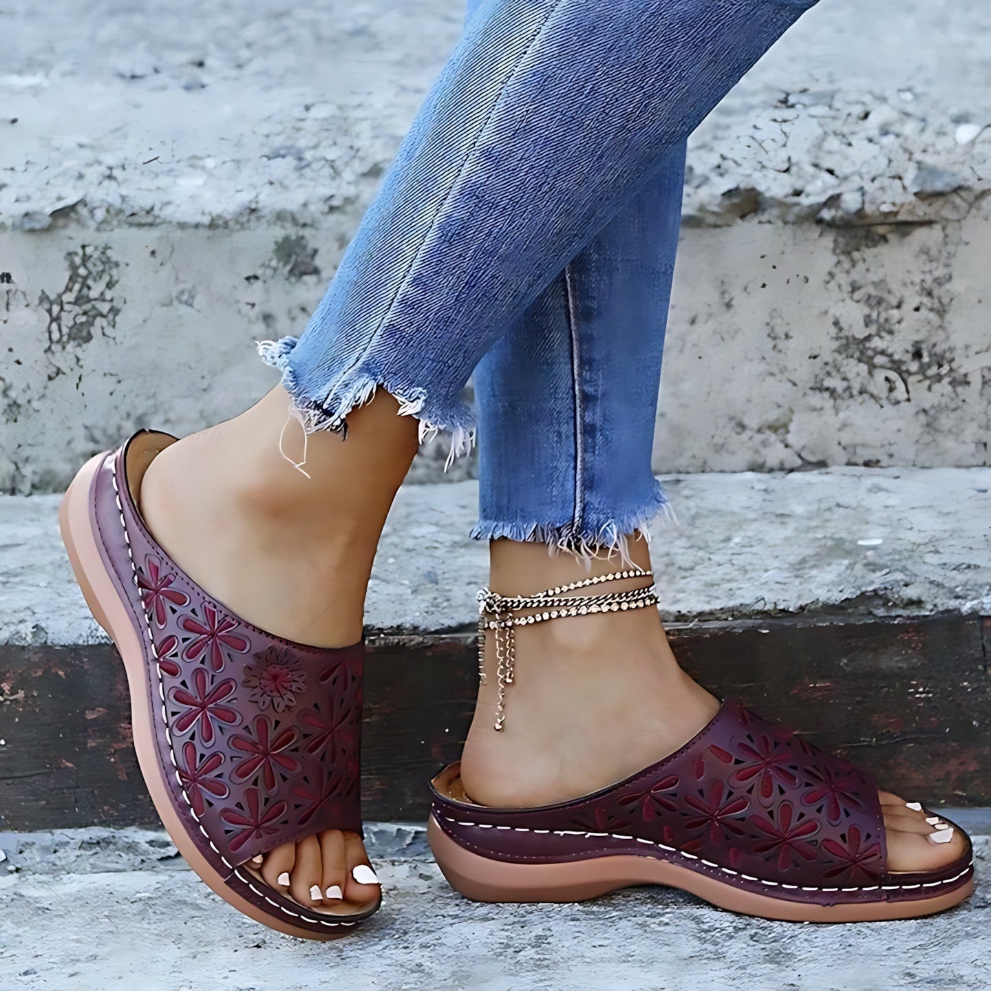 Annie – Embossed Peep Toe Wedge Slide Sandals