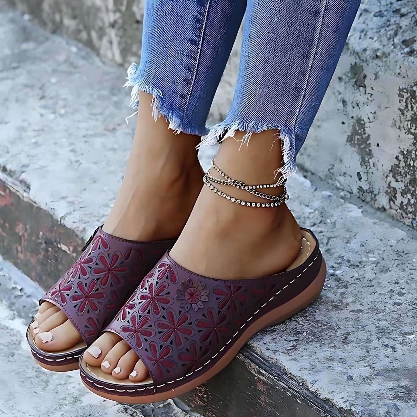 Annie – Embossed Peep Toe Wedge Slide Sandals