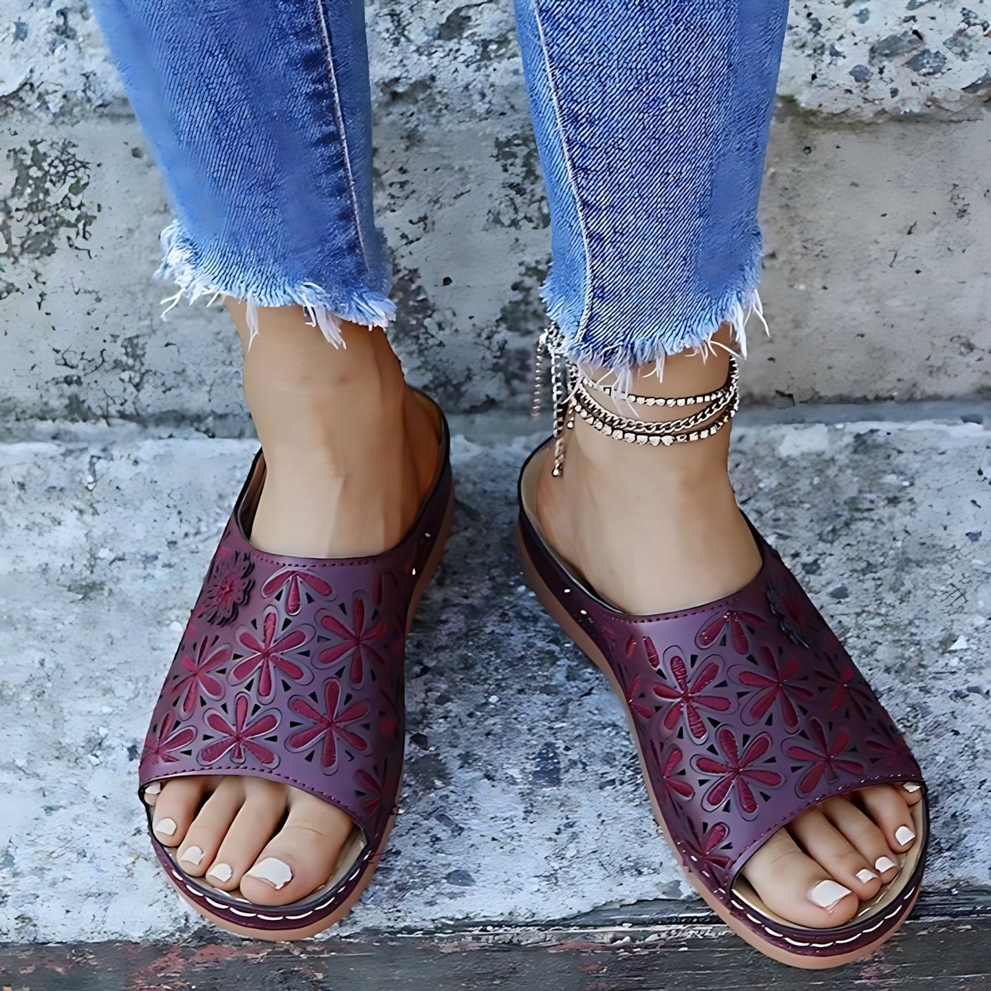 Annie – Embossed Peep Toe Wedge Slide Sandals