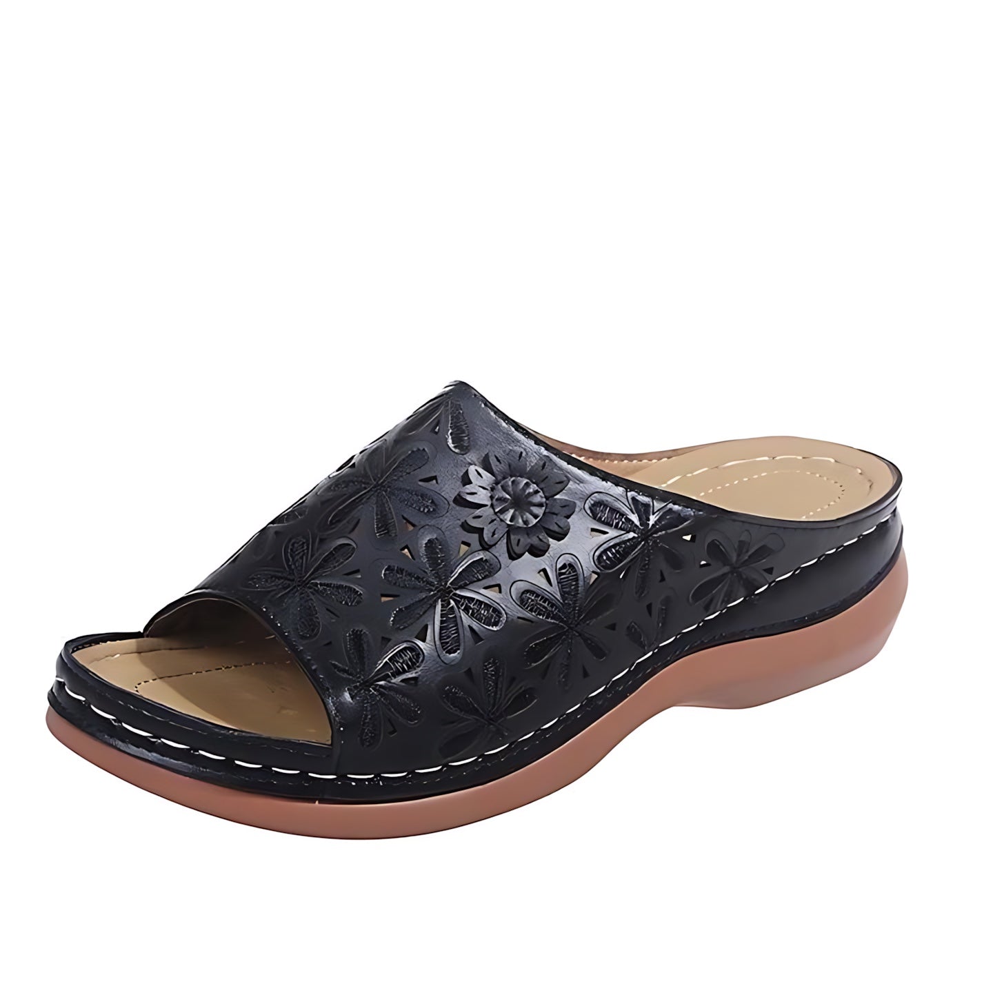 Annie – Embossed Peep Toe Wedge Slide Sandals