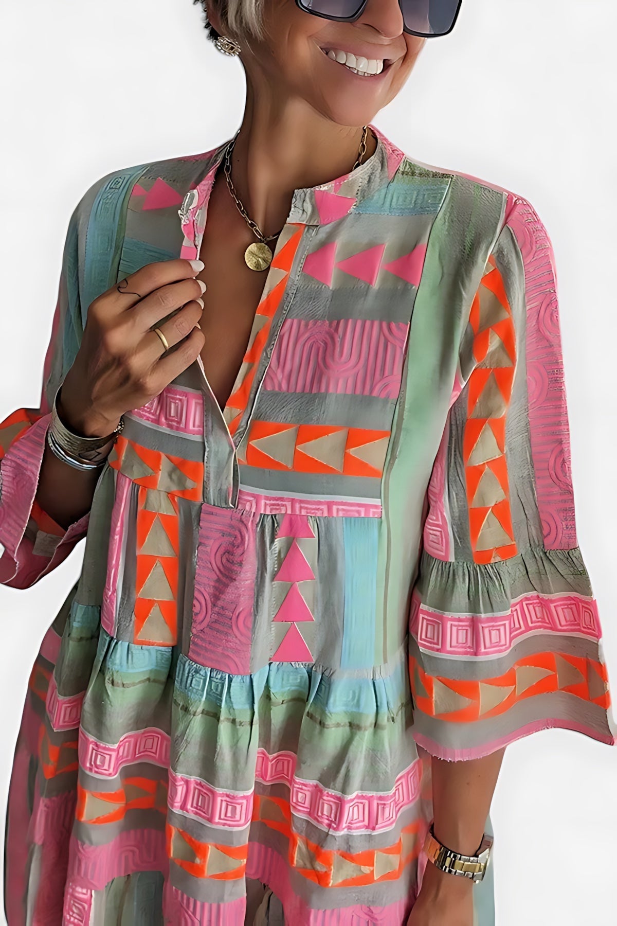 Aria – Boho Print V Neck 3/4 Sleeve Tunic Dress