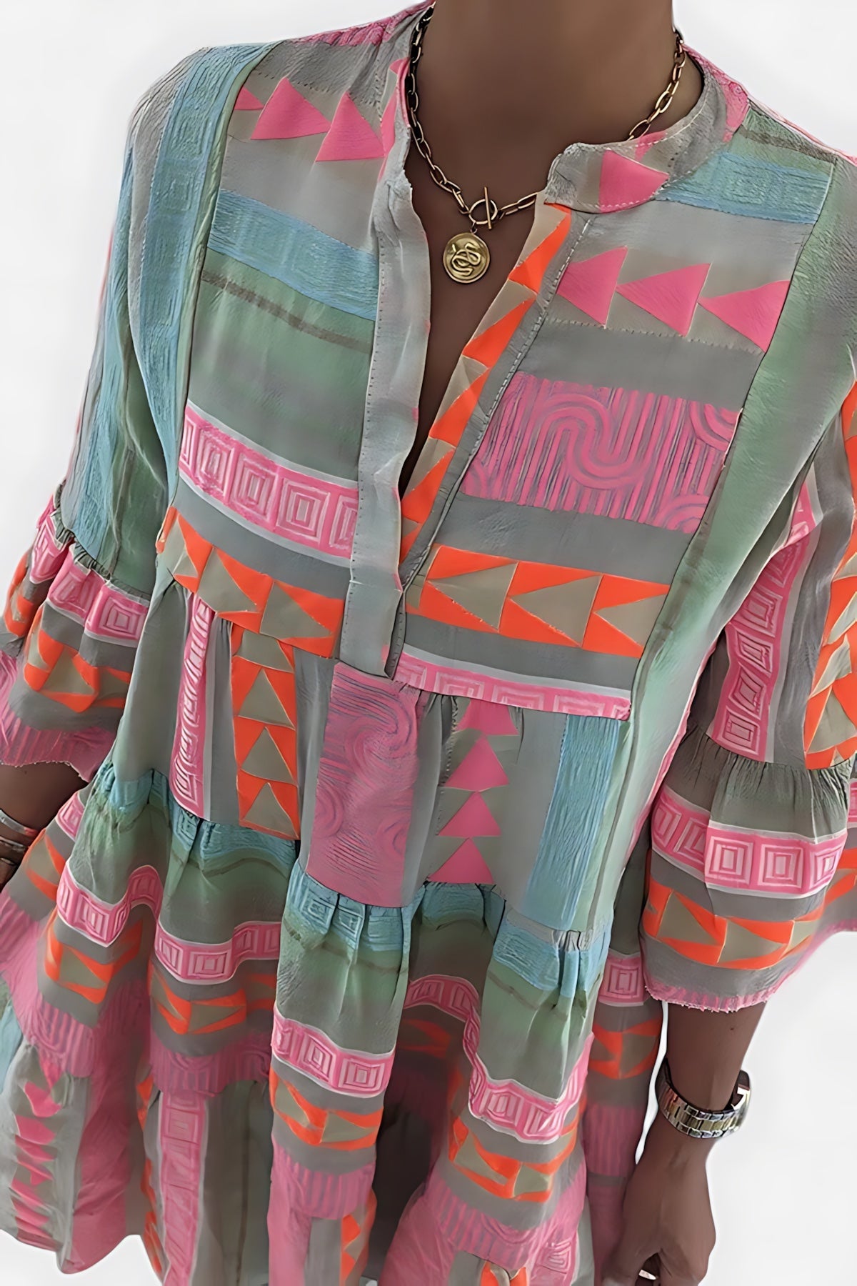 Aria – Boho Print V Neck 3/4 Sleeve Tunic Dress