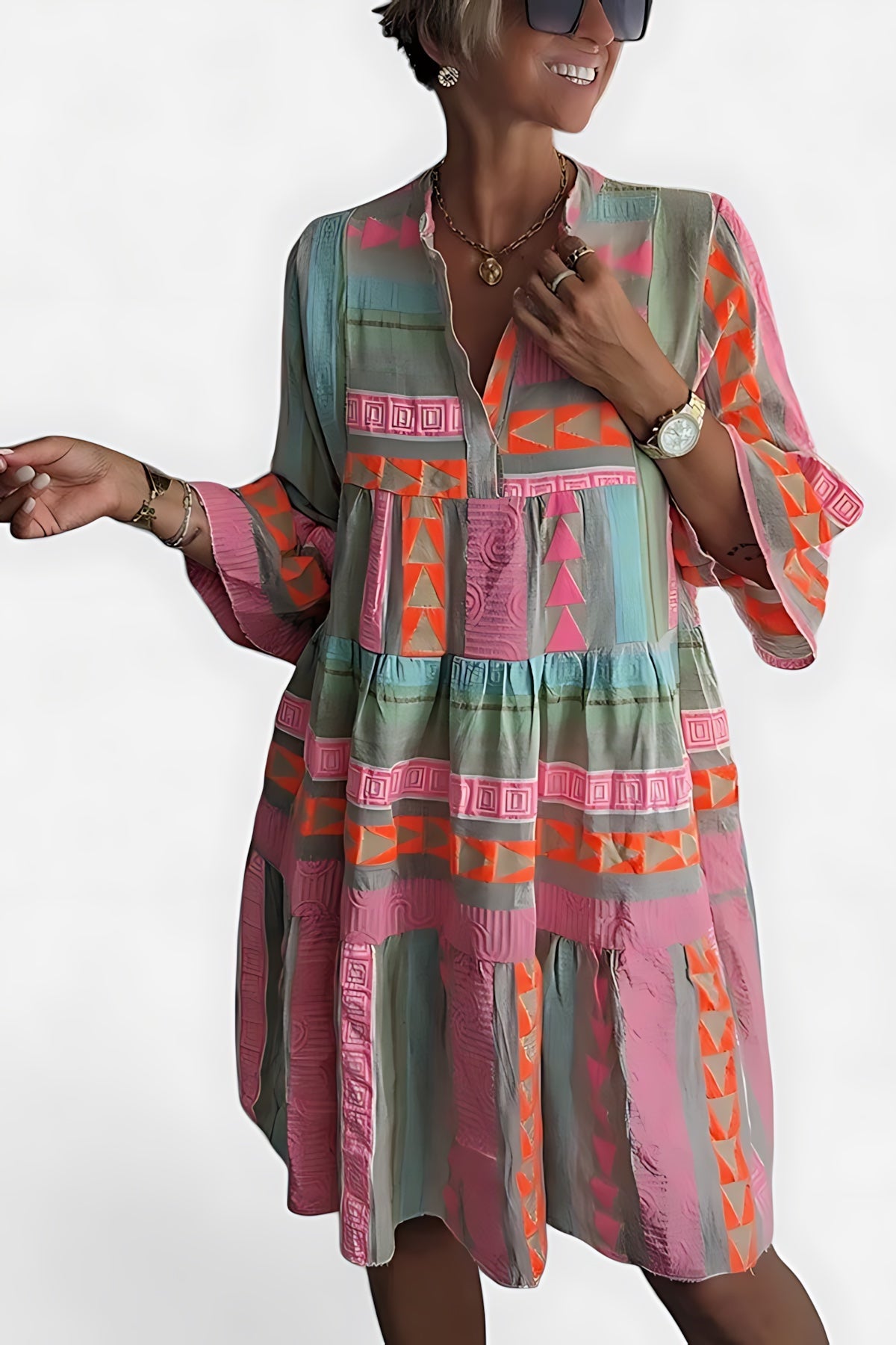 Aria – Boho Print V Neck 3/4 Sleeve Tunic Dress