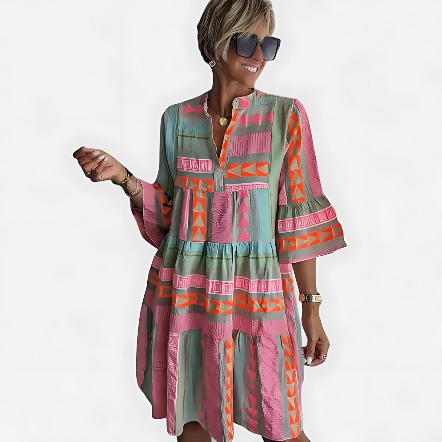 Aria – Boho Print V Neck 3/4 Sleeve Tunic Dress