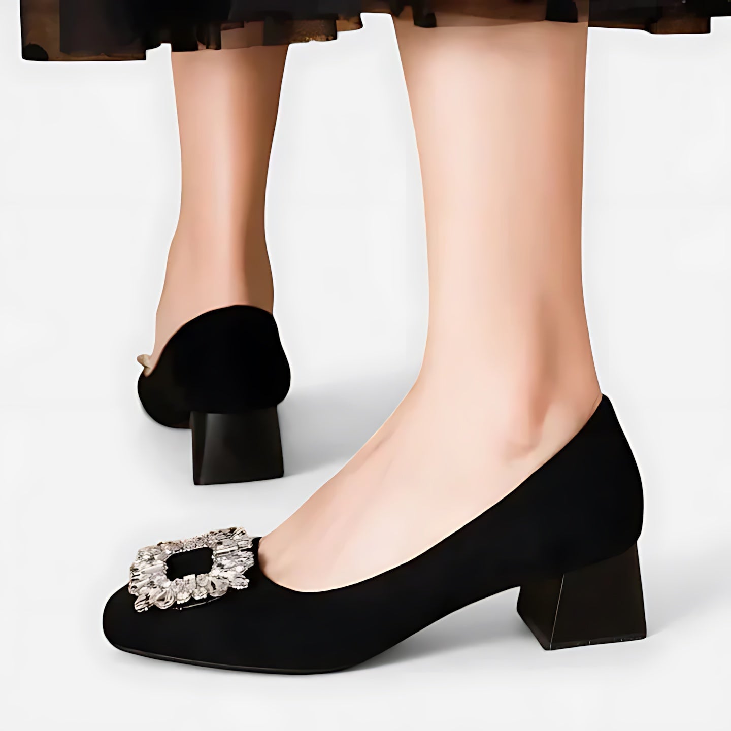 Aria – Crystal Embellished Suede Square Toe Pumps