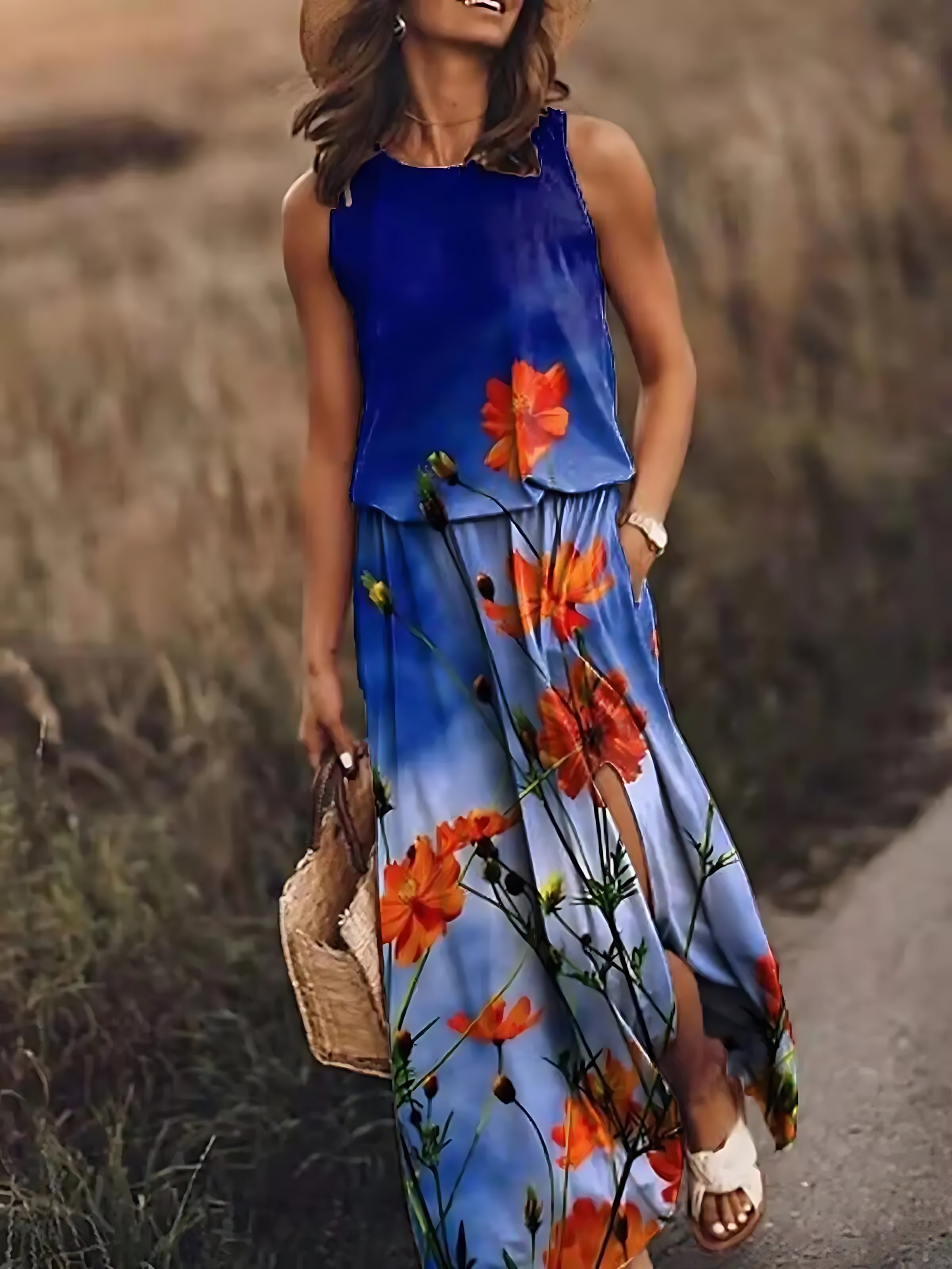 Ariana – Floral Print Scoop Neck Boho Maxi Dress