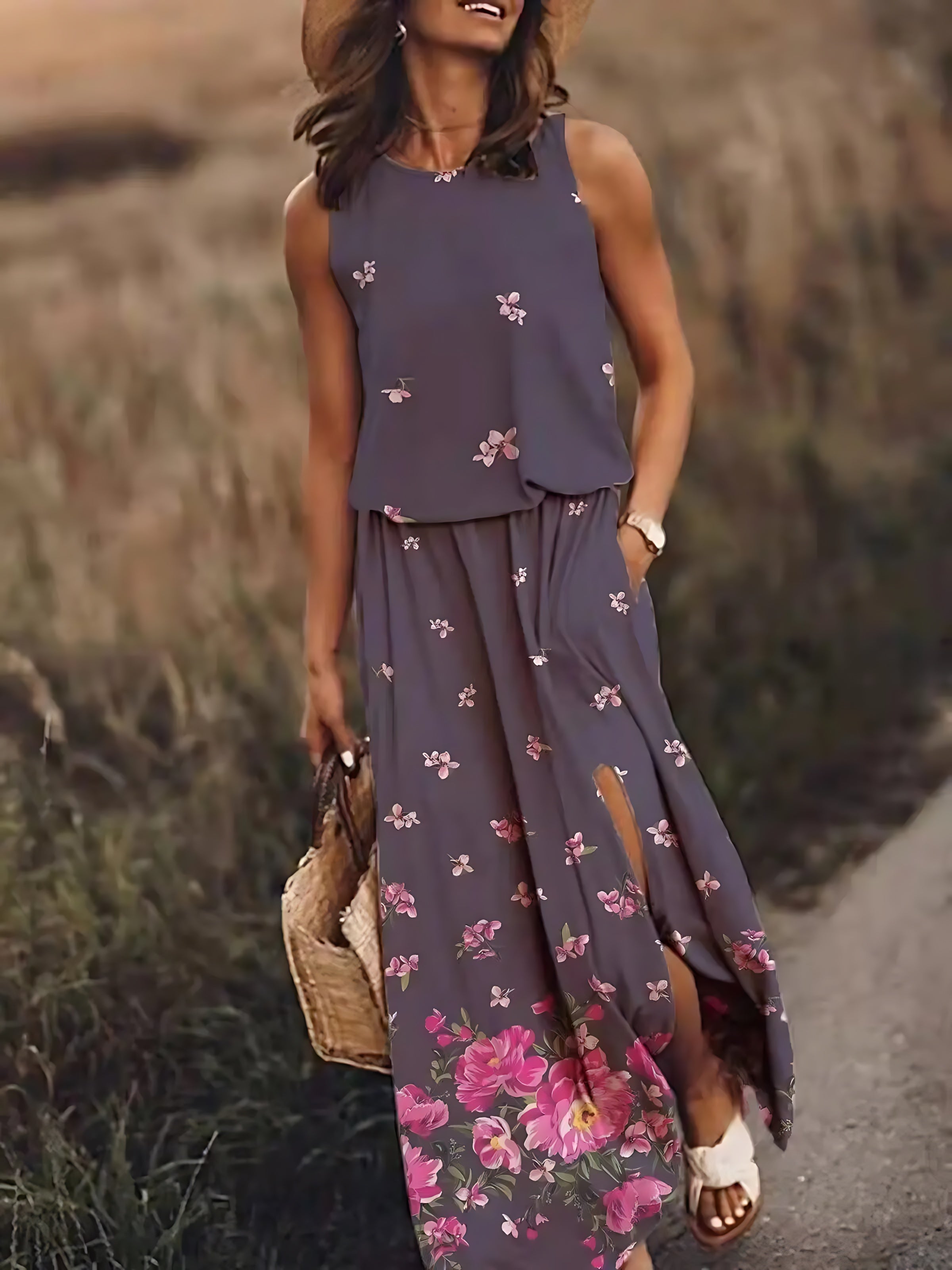 Ariana – Floral Print Scoop Neck Boho Maxi Dress