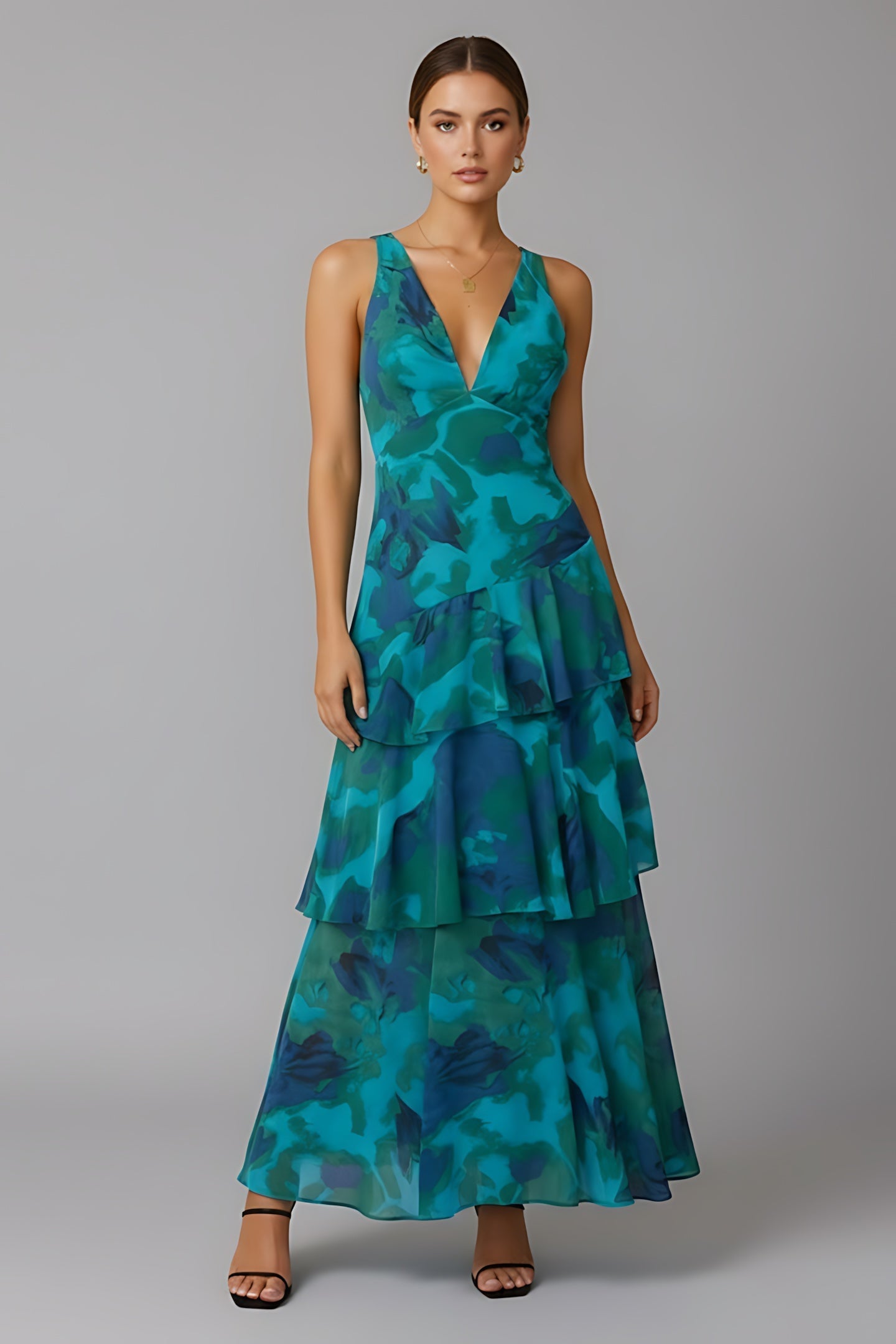 Arya – Floral V Neck Tiered Ruffle Maxi Dress