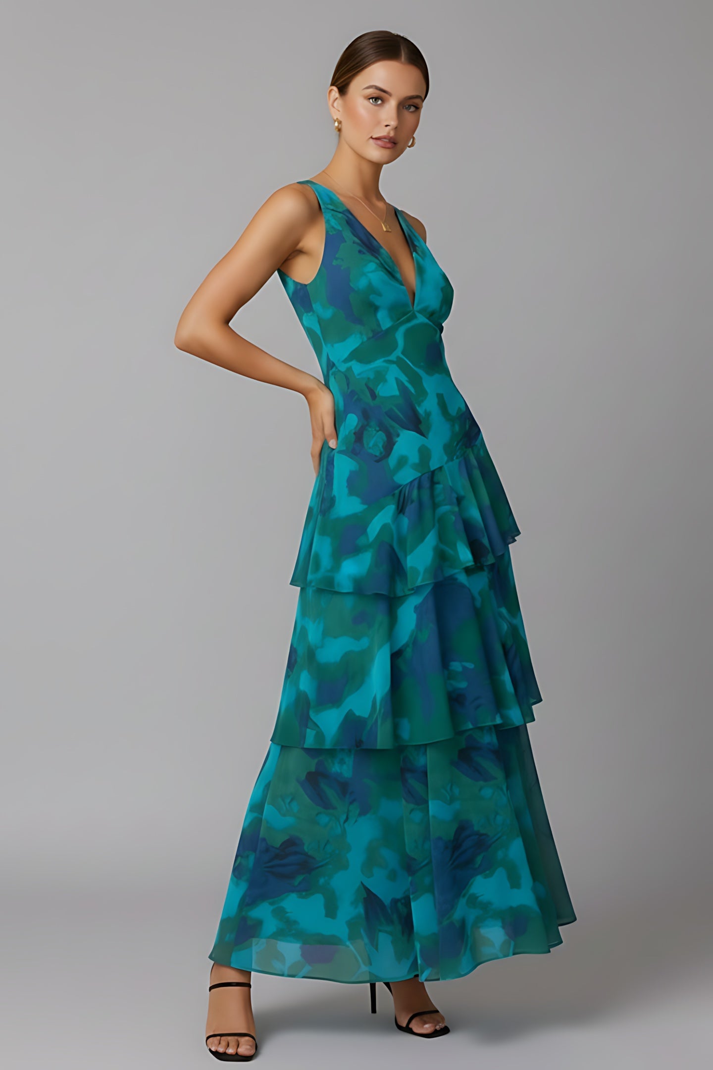 Arya – Floral V Neck Tiered Ruffle Maxi Dress