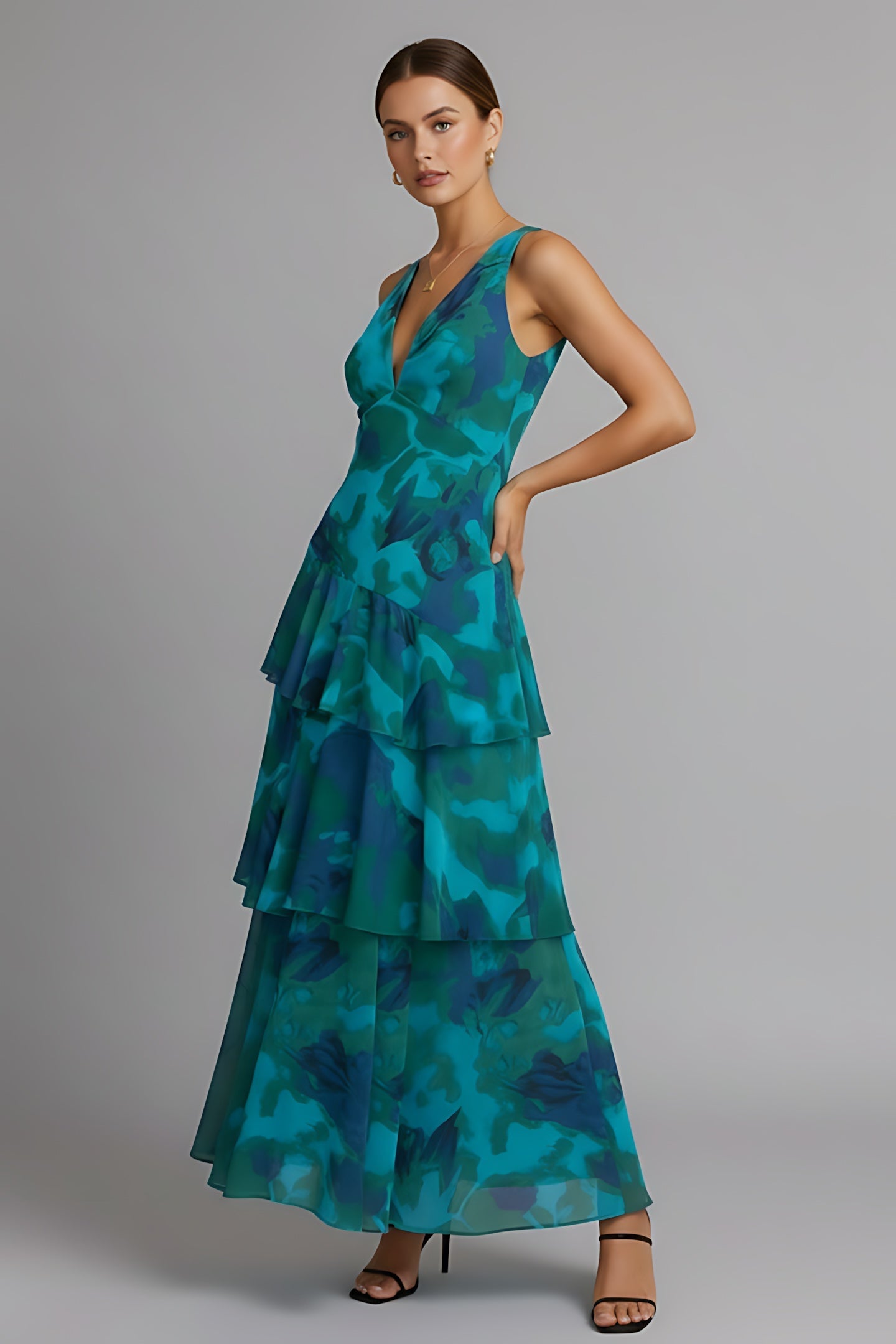 Arya – Floral V Neck Tiered Ruffle Maxi Dress