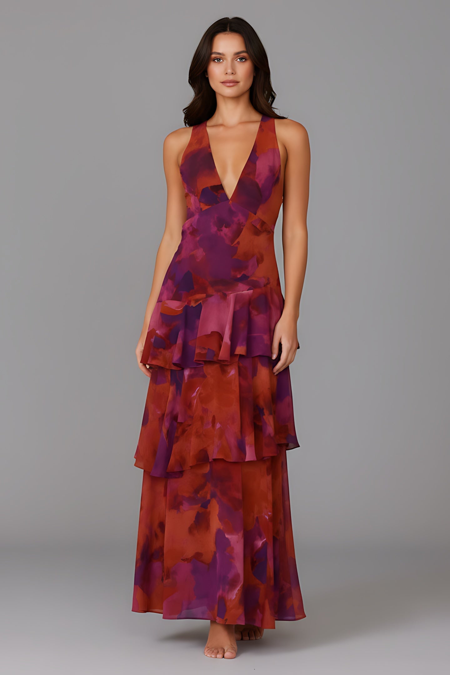 Arya – Floral V Neck Tiered Ruffle Maxi Dress