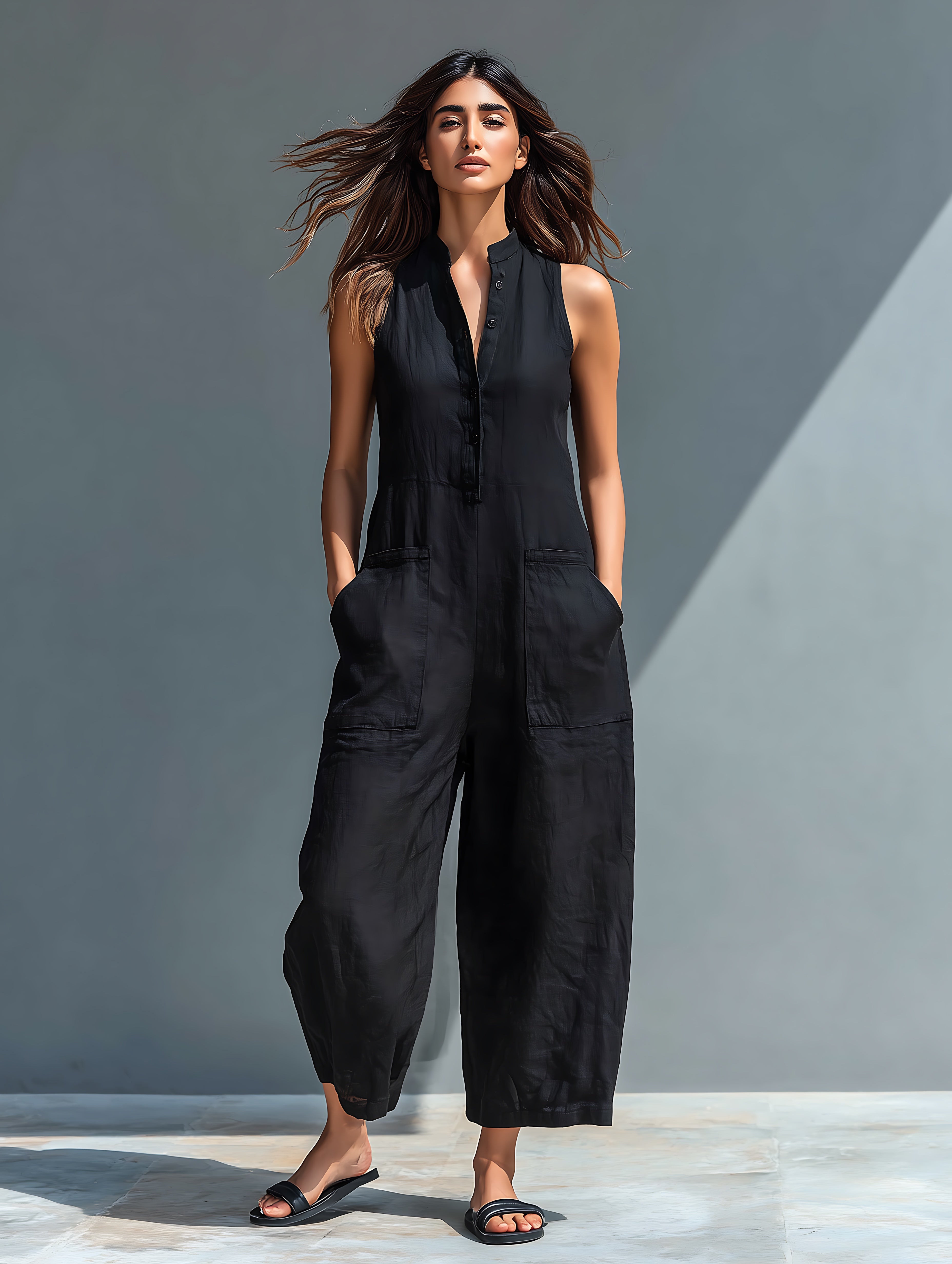 Arya – V Neck Tie Waist Barrel Leg Jumpsuit