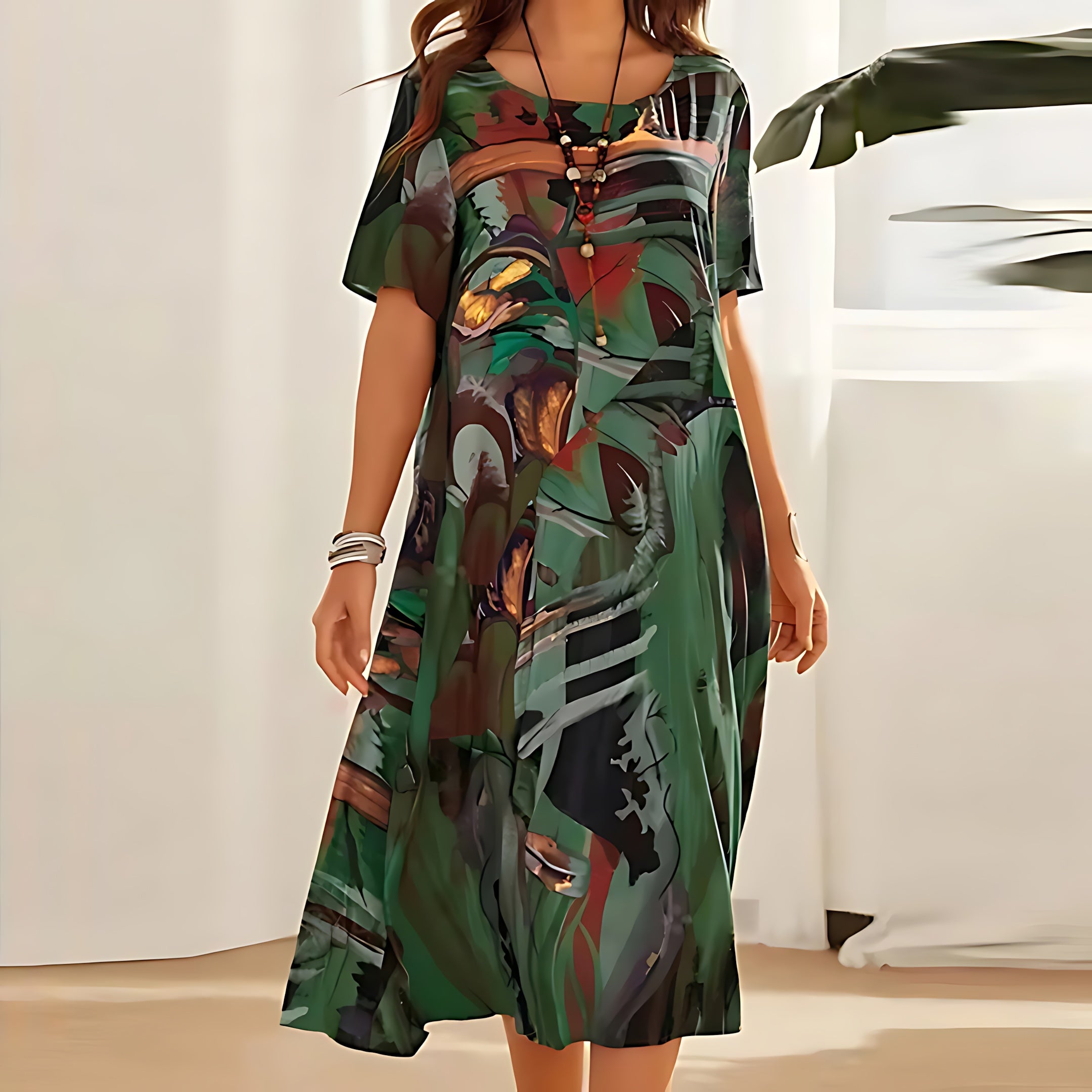 Athena – Abstract Floral Print Short Sleeve Midi Dress