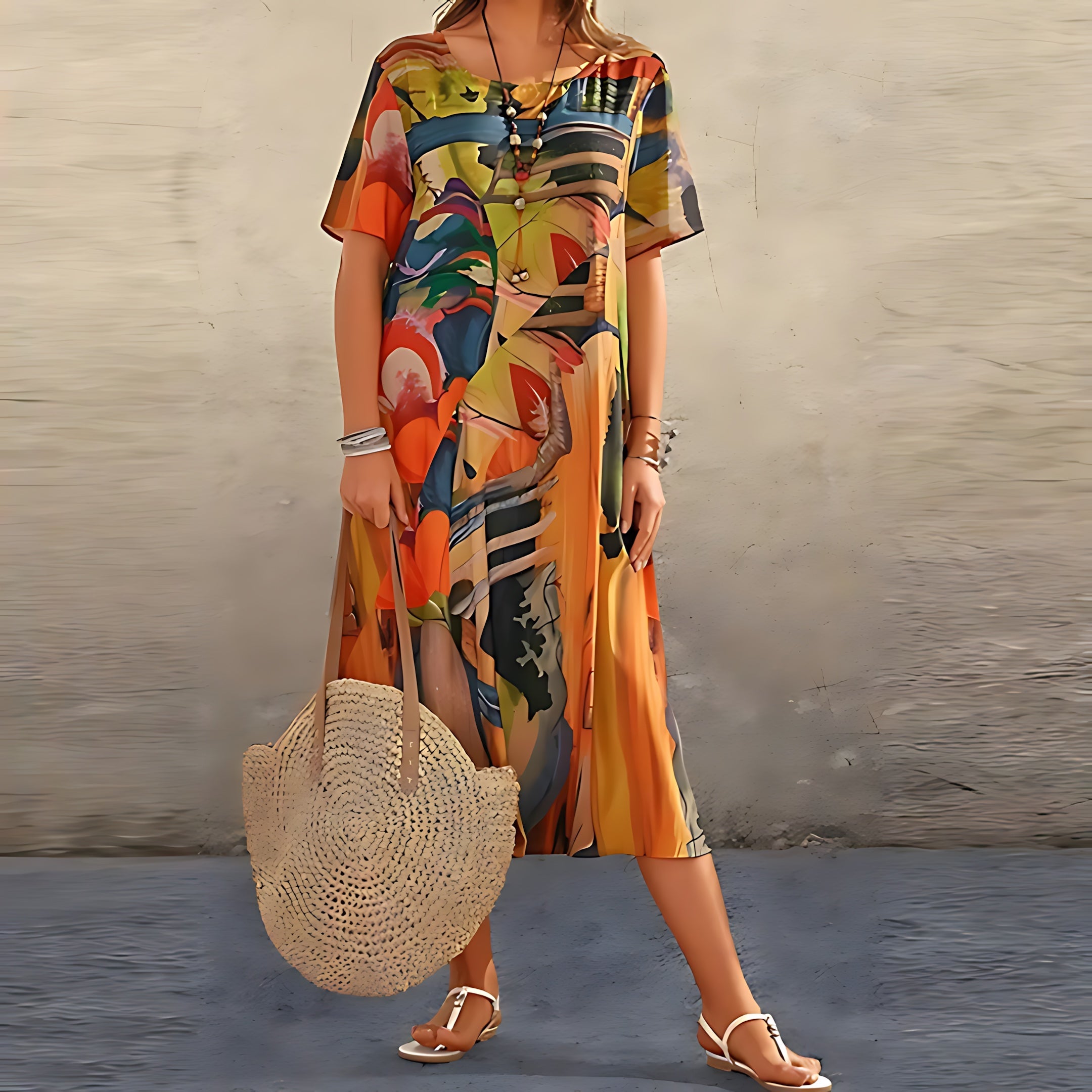 Athena – Abstract Floral Print Short Sleeve Midi Dress
