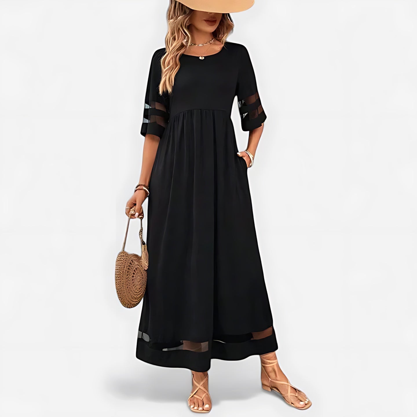 Athena – Mesh Panel Round Neck Flowy Maxi Dress
