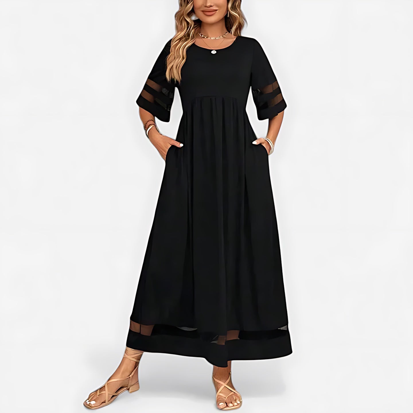 Athena – Mesh Panel Round Neck Flowy Maxi Dress