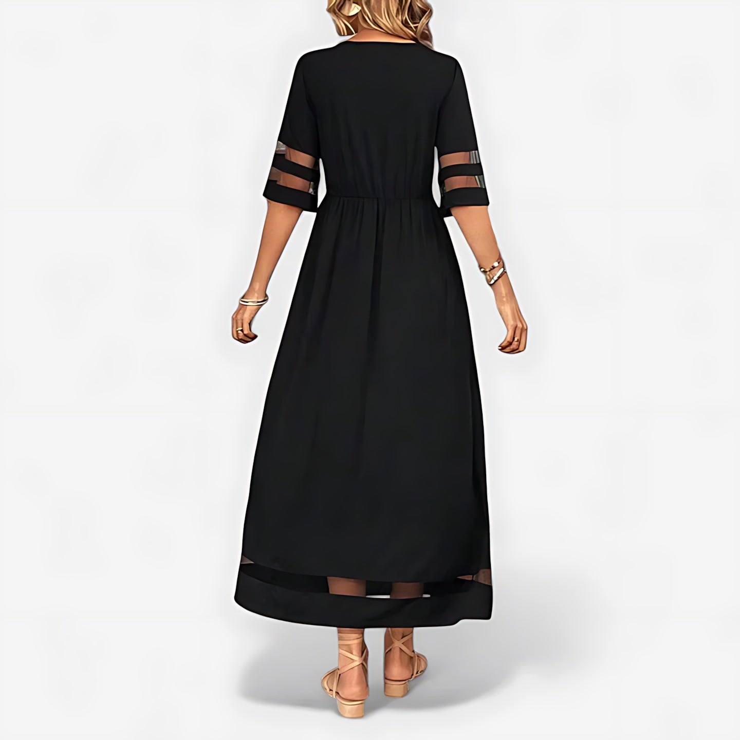 Athena – Mesh Panel Round Neck Flowy Maxi Dress