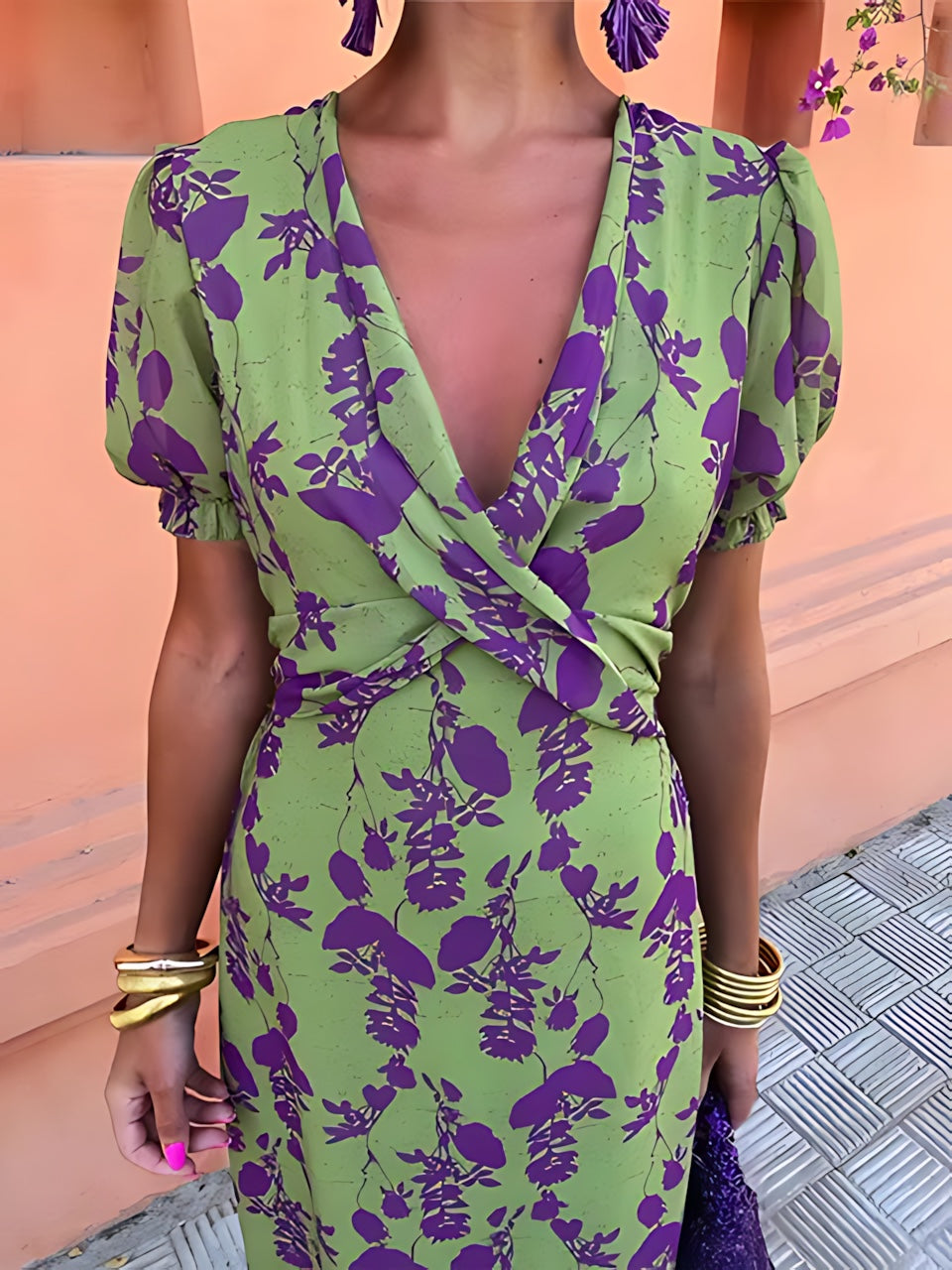 Aubrey – Floral Twist Front Puff Sleeve Midi Dress