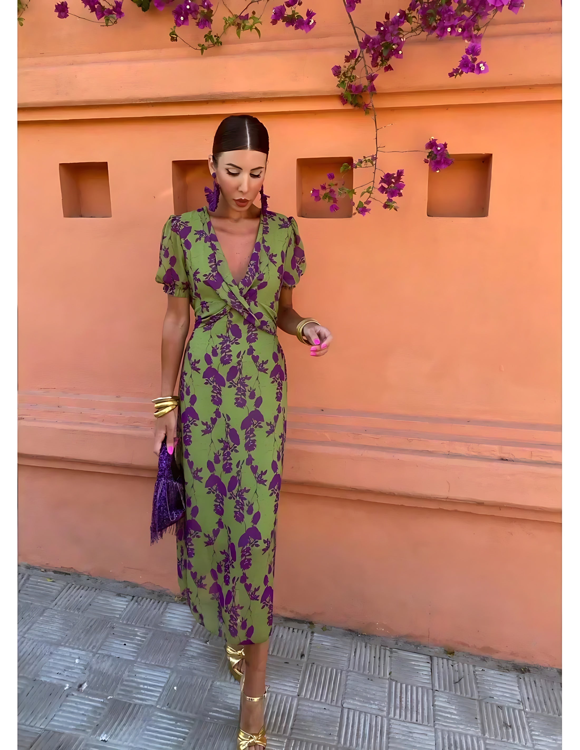 Aubrey – Floral Twist Front Puff Sleeve Midi Dress
