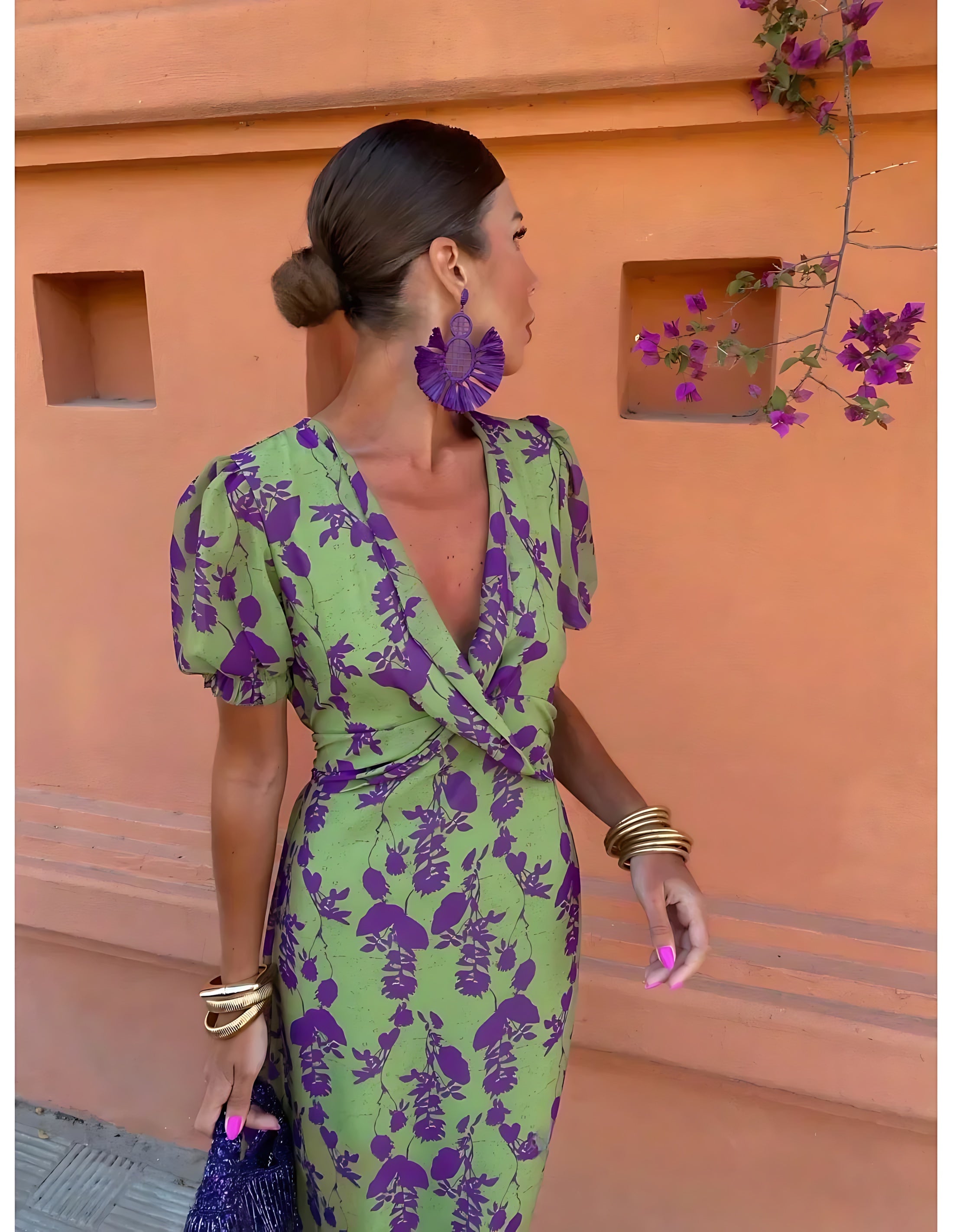 Aubrey – Floral Twist Front Puff Sleeve Midi Dress