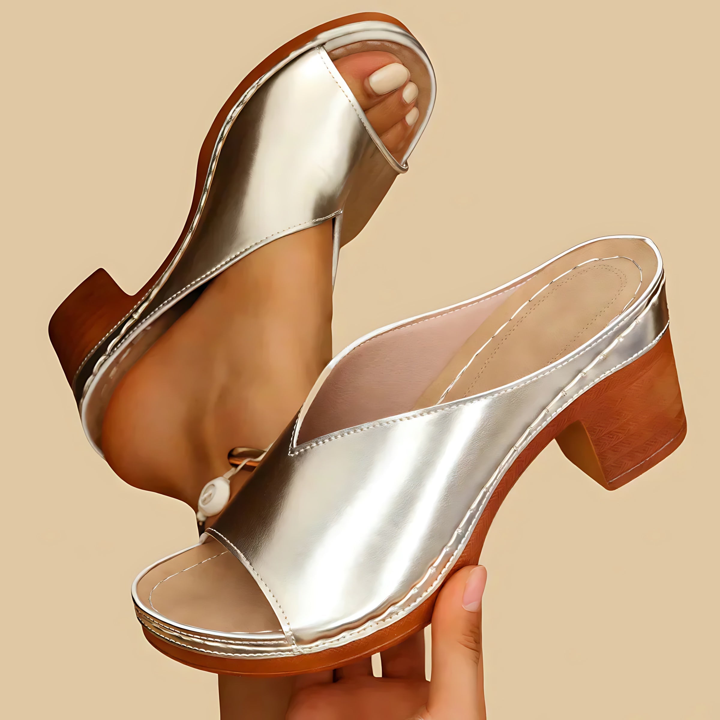 Aubrey – Metallic Peep Toe Block Heel Sandals