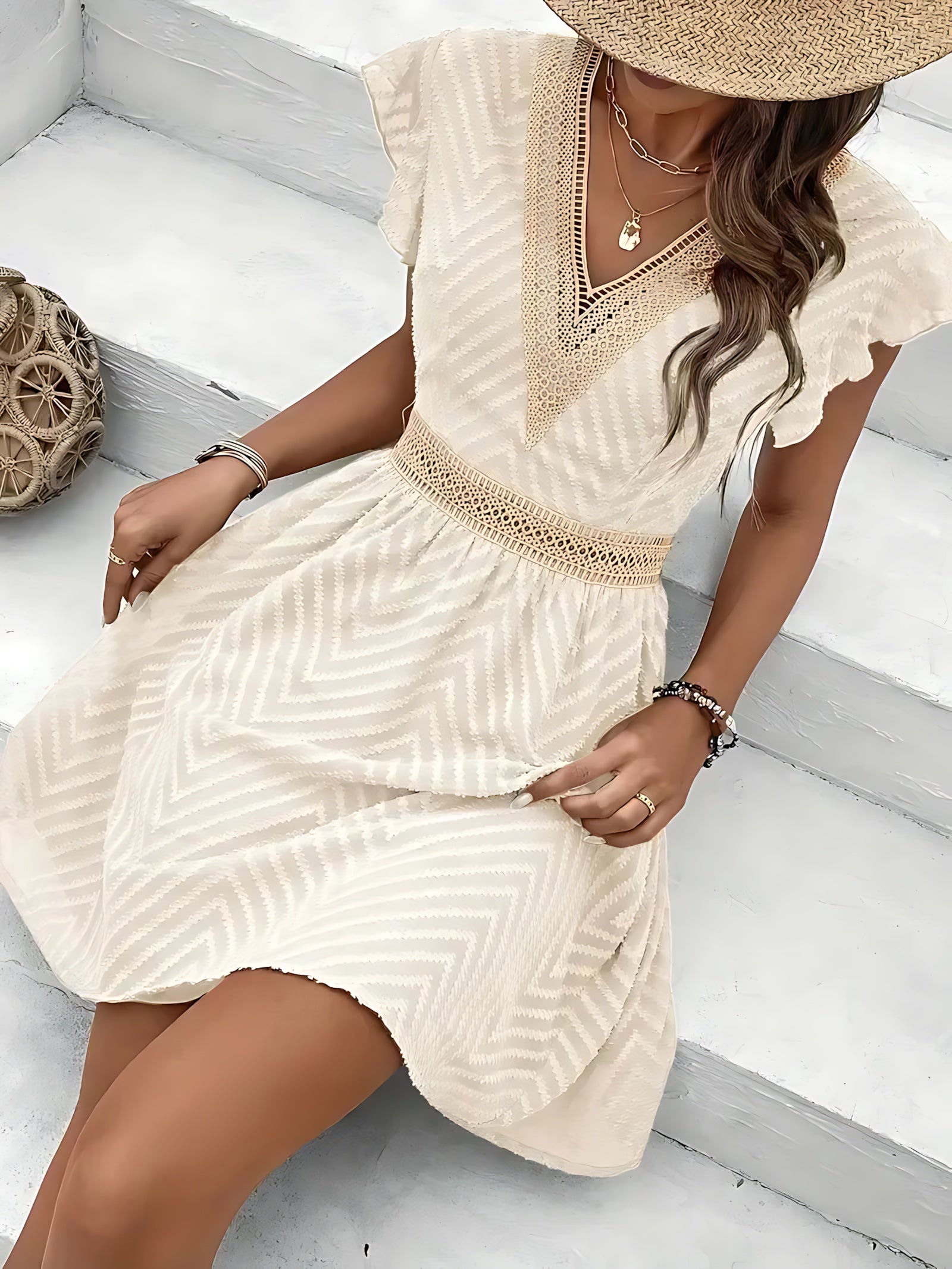Audrey – Lace V Neck Smocked Waist Mini Dress
