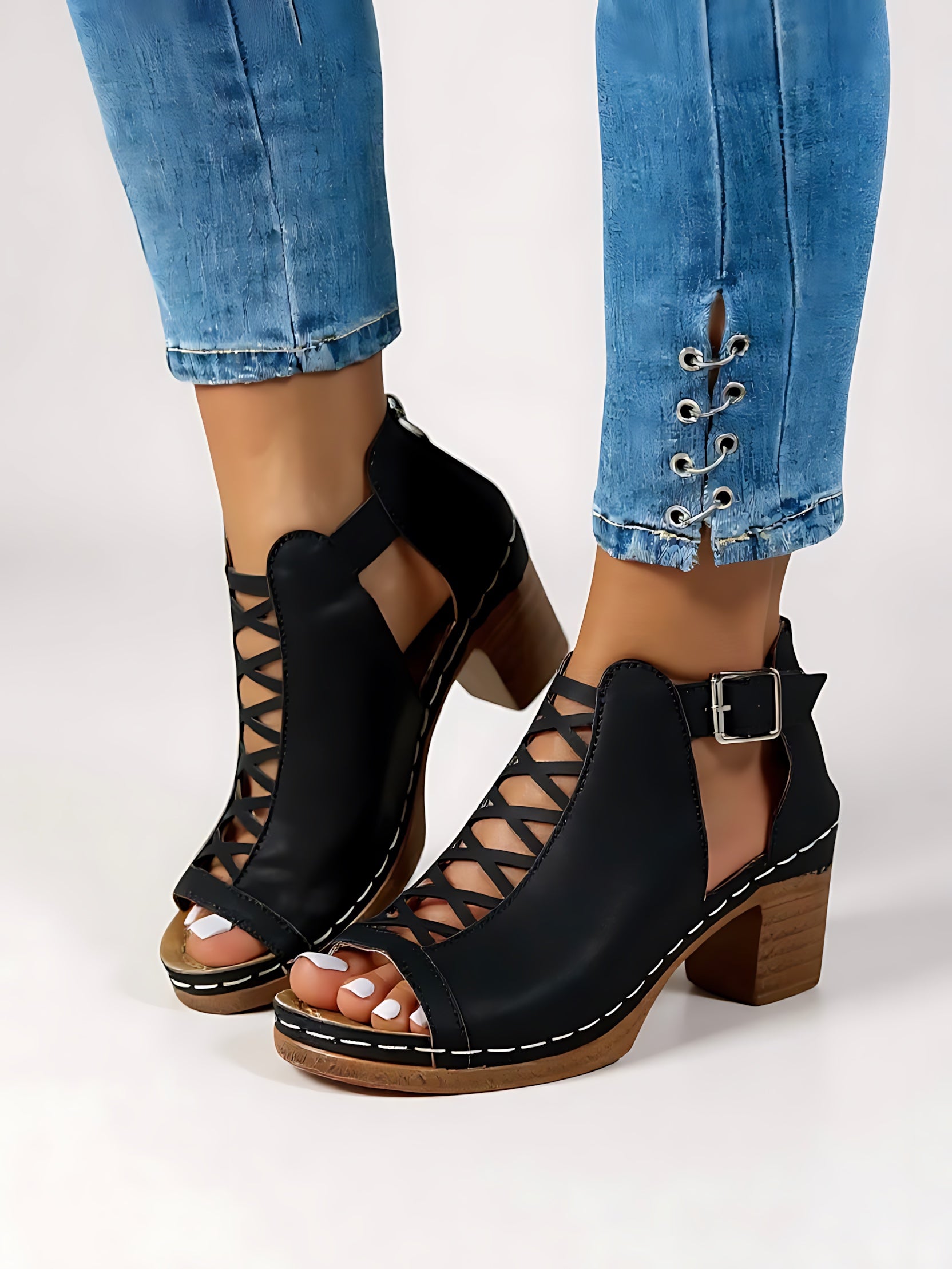 Audrey – Peep Toe Cutout Block Heel Sandals