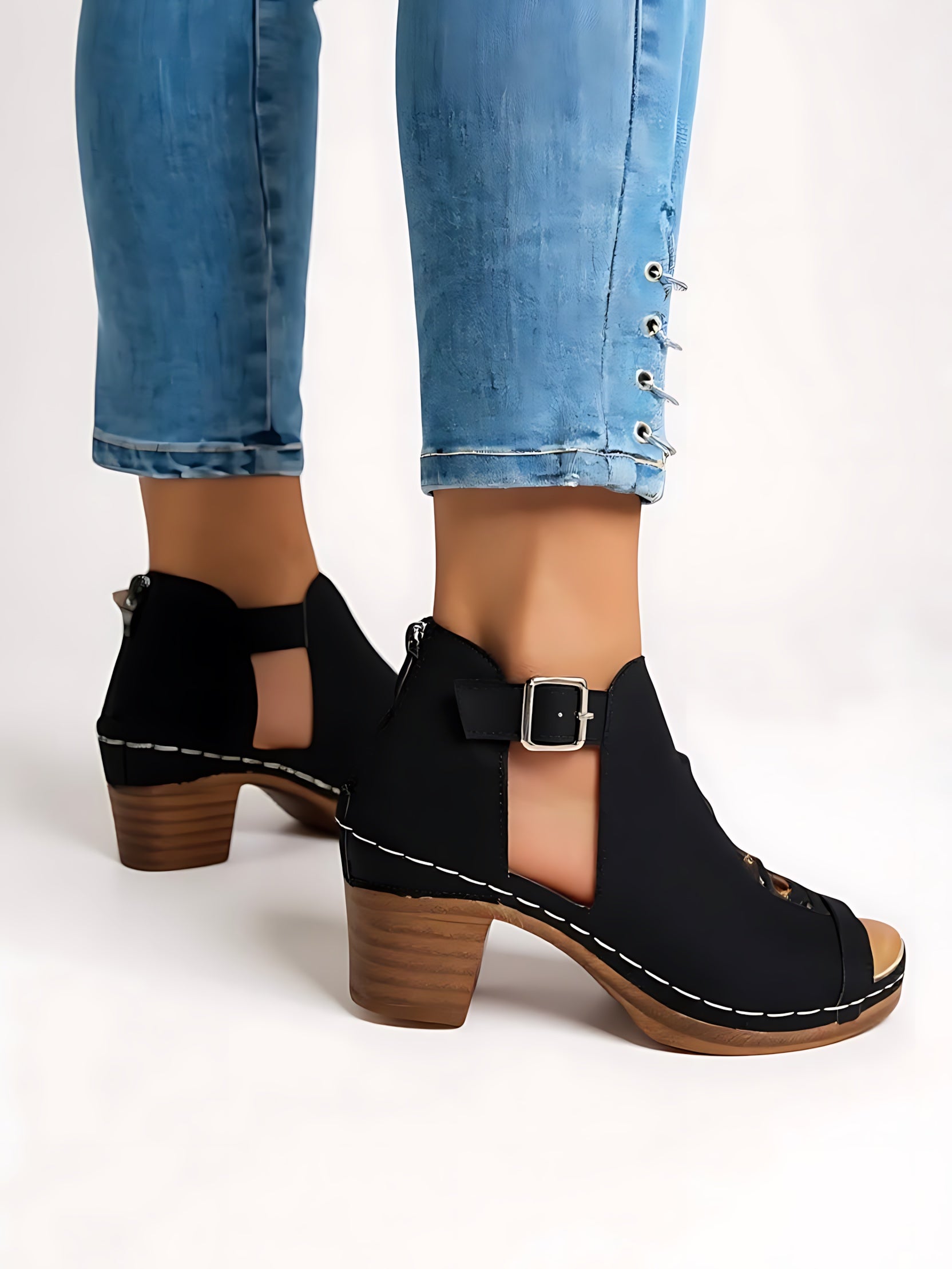 Audrey – Peep Toe Cutout Block Heel Sandals