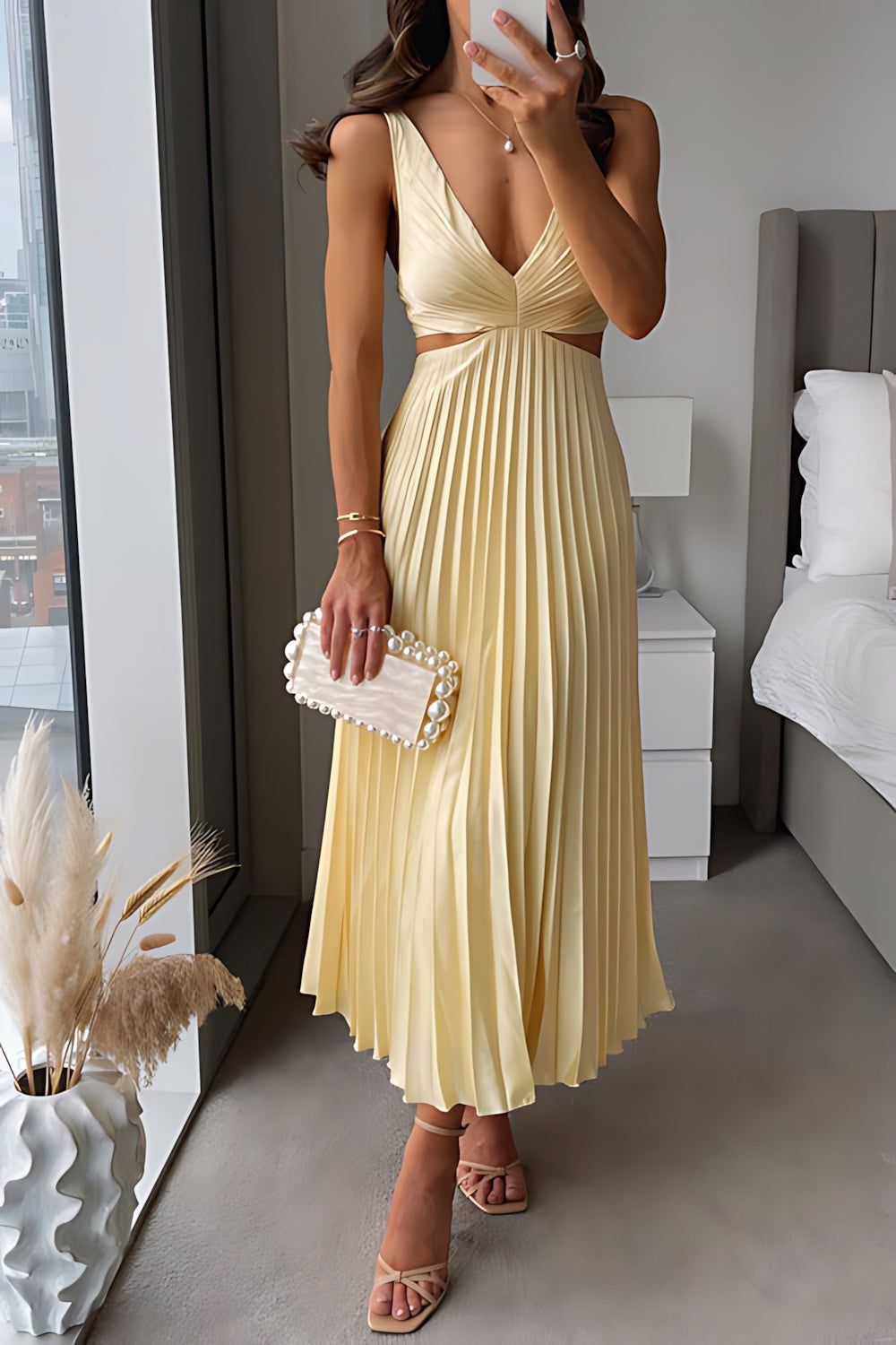 Audrey – Pleated V Neck Cocktail Midi Dress