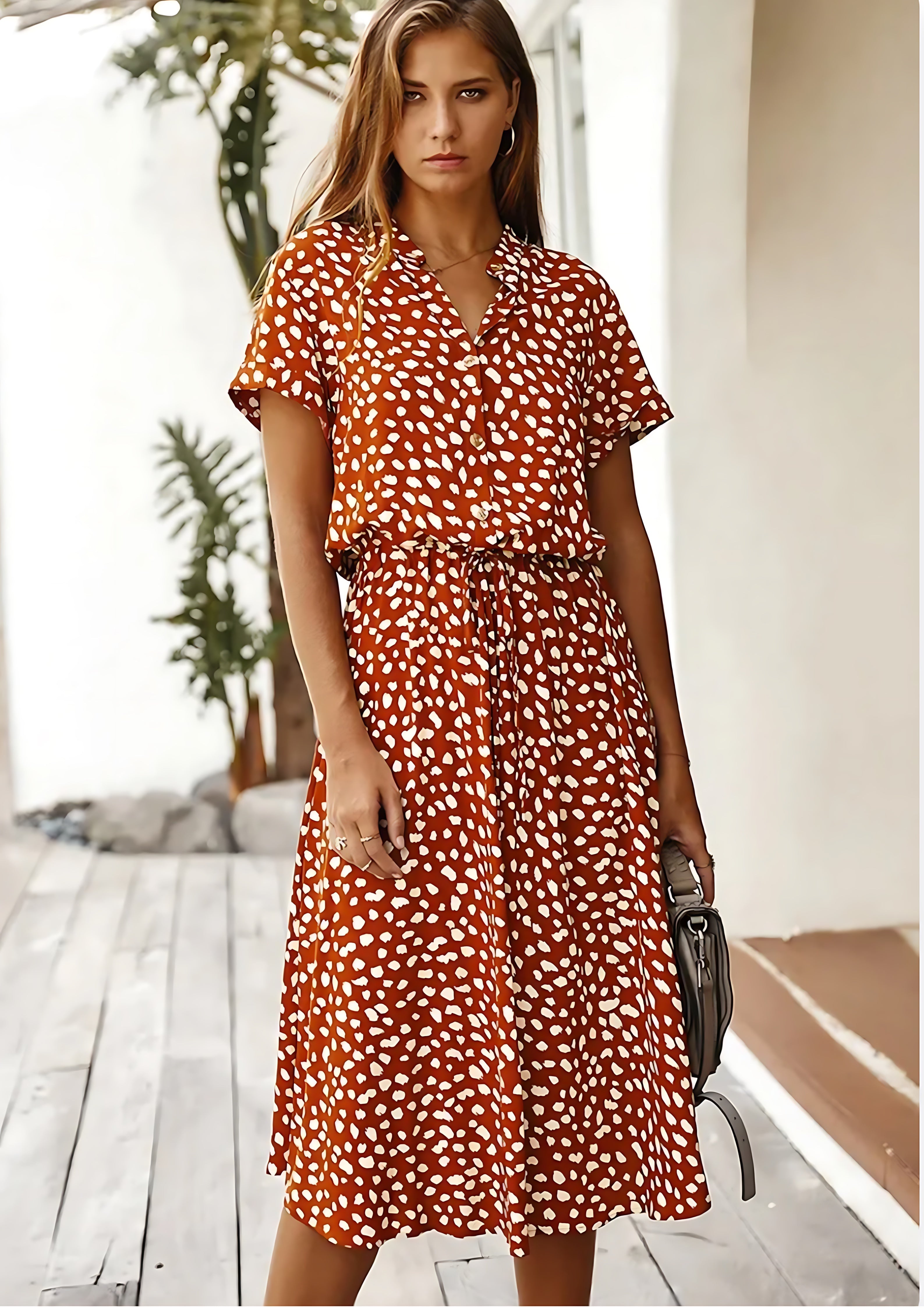 Aurora – Spotted Print Short Sleeve A Line Midi Dress