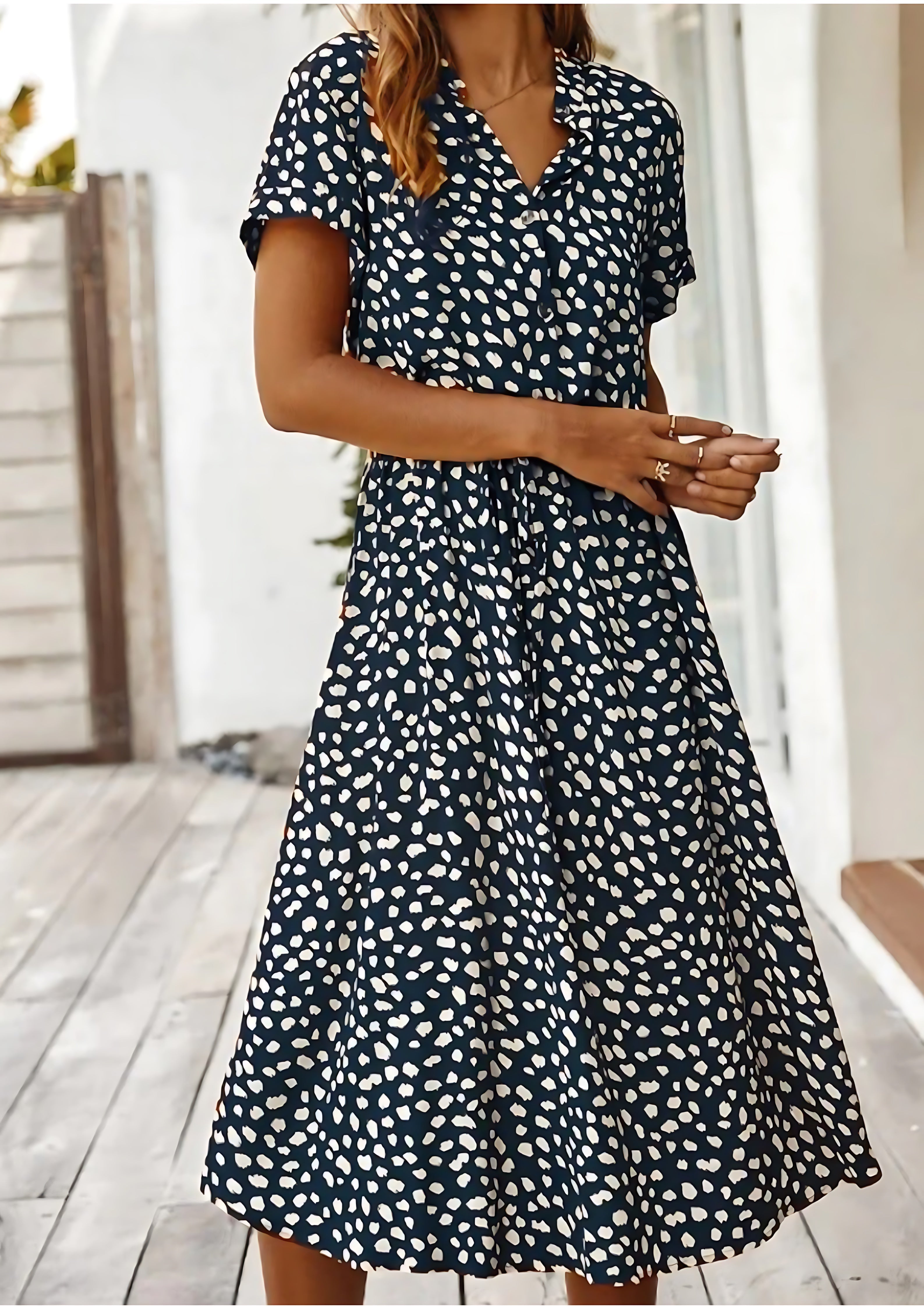 Aurora – Spotted Print Short Sleeve A Line Midi Dress