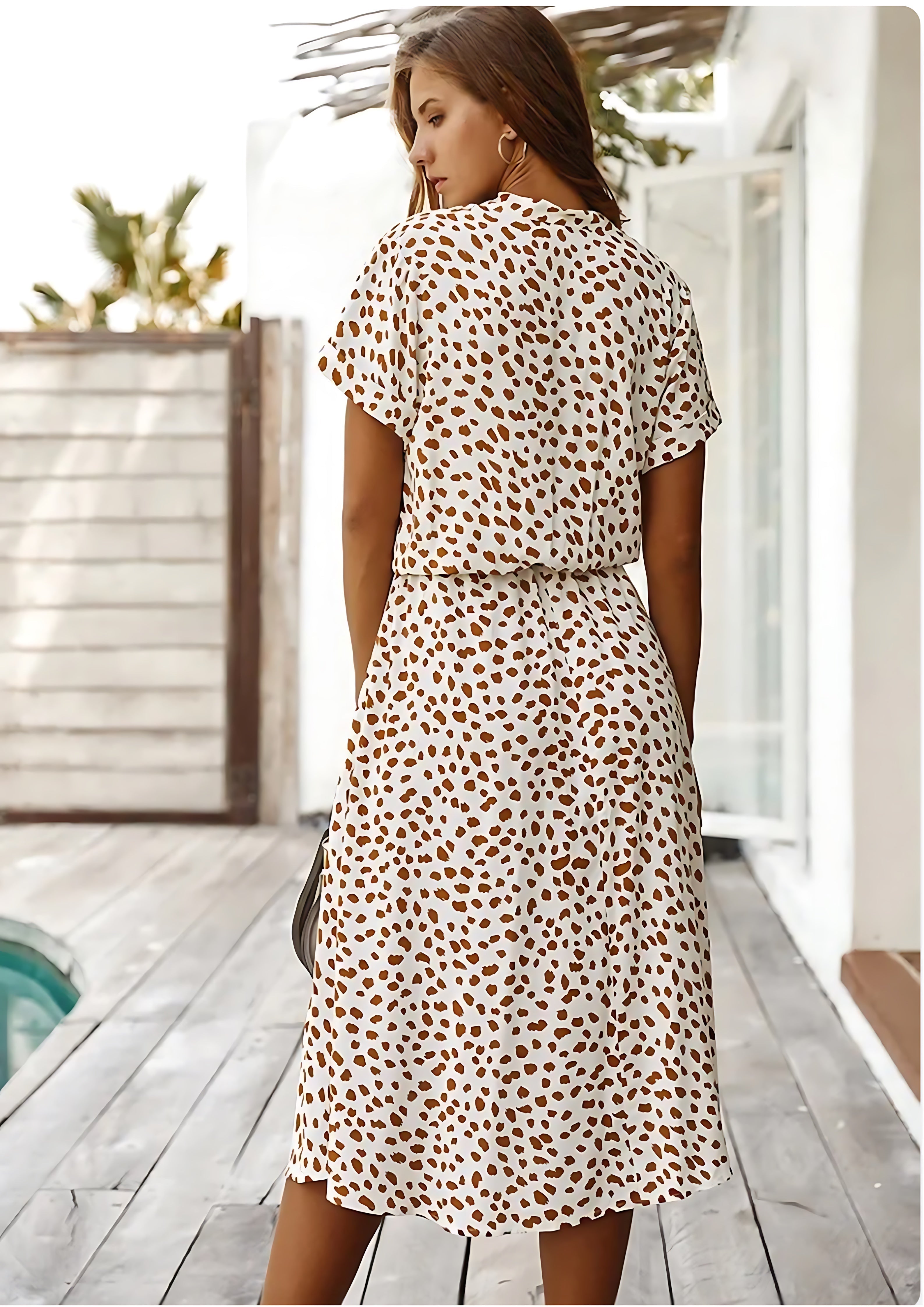 Aurora – Spotted Print Short Sleeve A Line Midi Dress