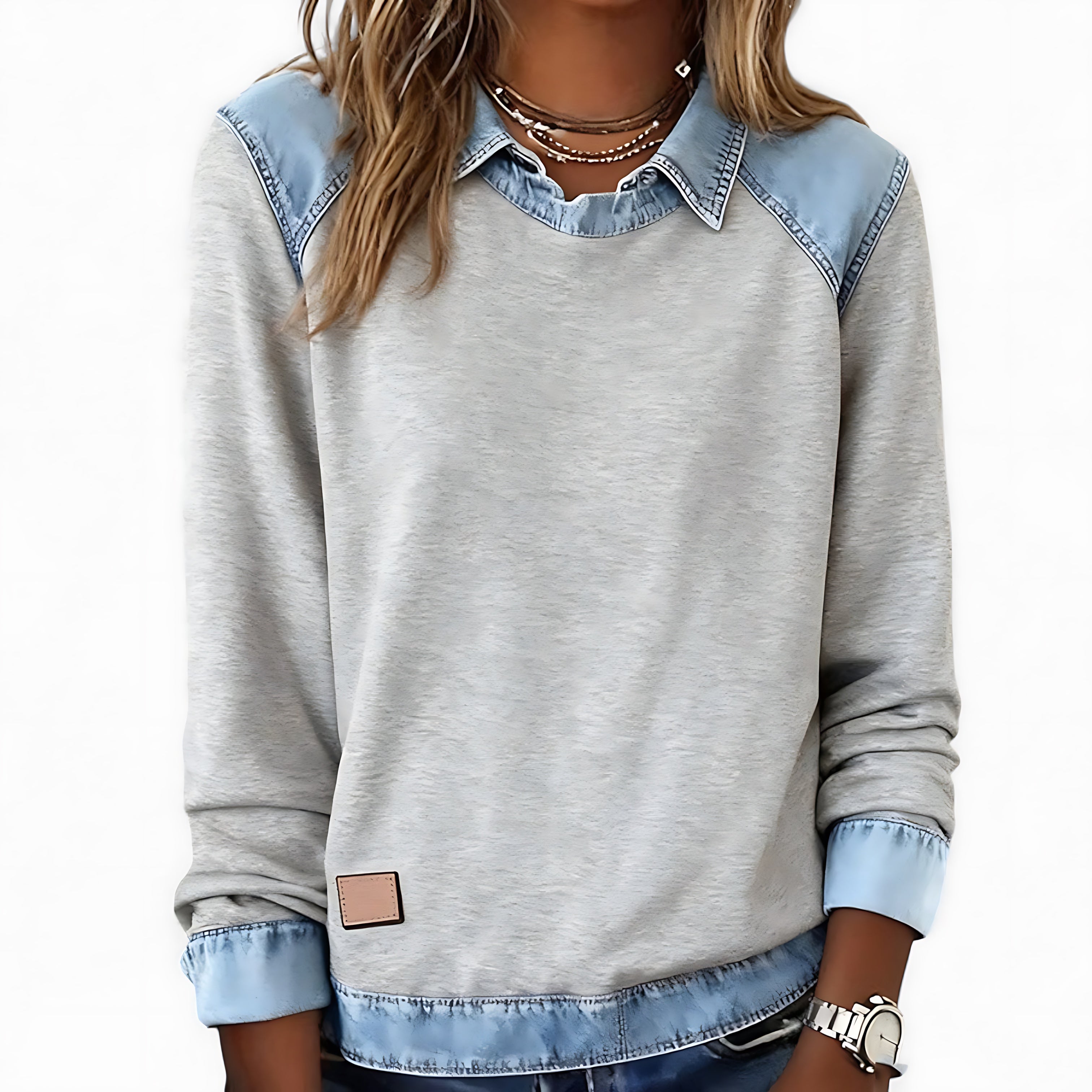 Autumn – Denim Patchwork Crew Neck Sweatshirt