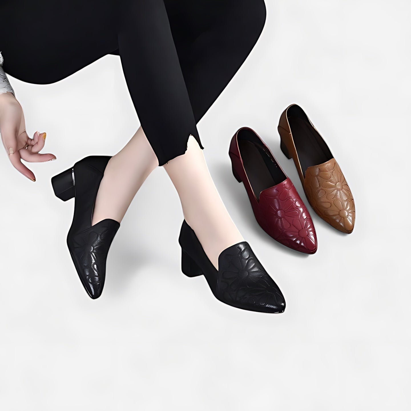 Autumn – Floral Embossed Pointed Toe Block Heel Pumps